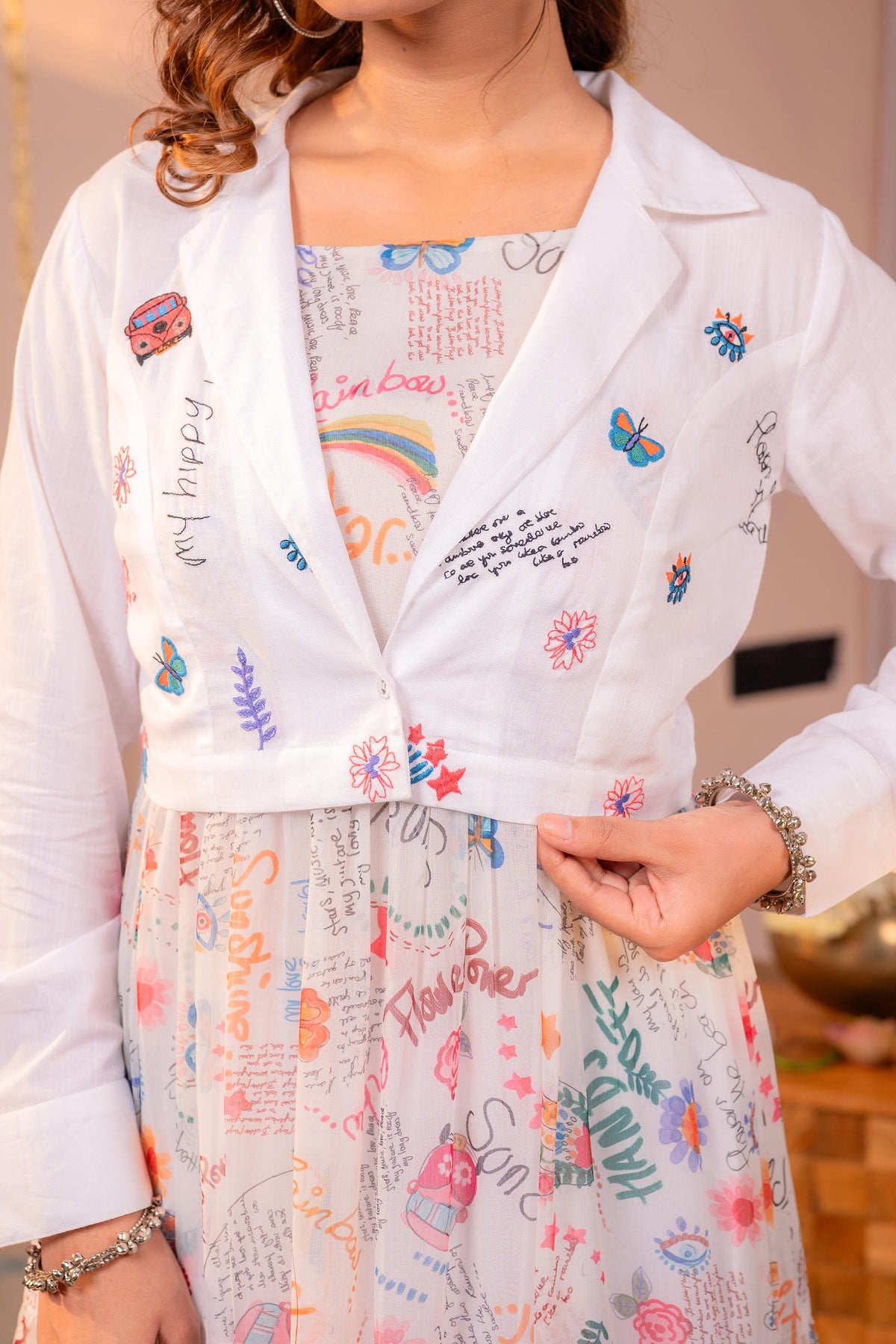 White Boho Print Chiffon Maxi Dress with Jacket