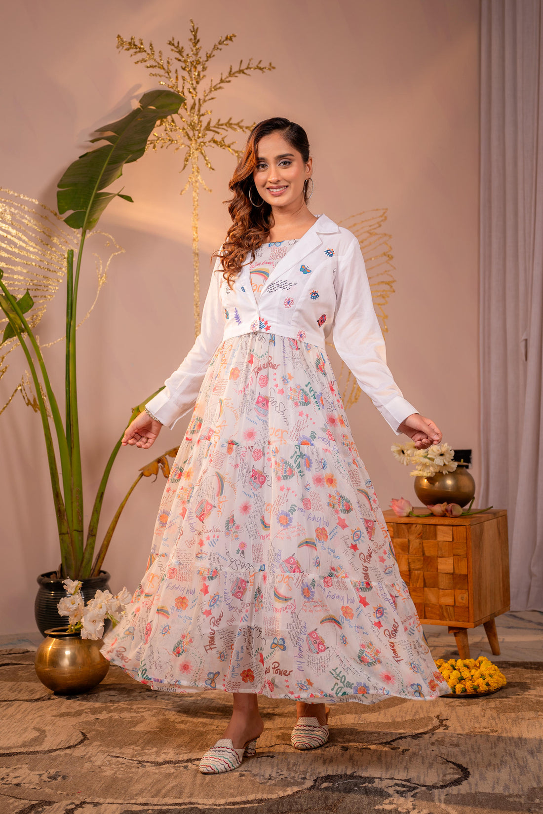 White Boho Print Chiffon Maxi Dress with Jacket