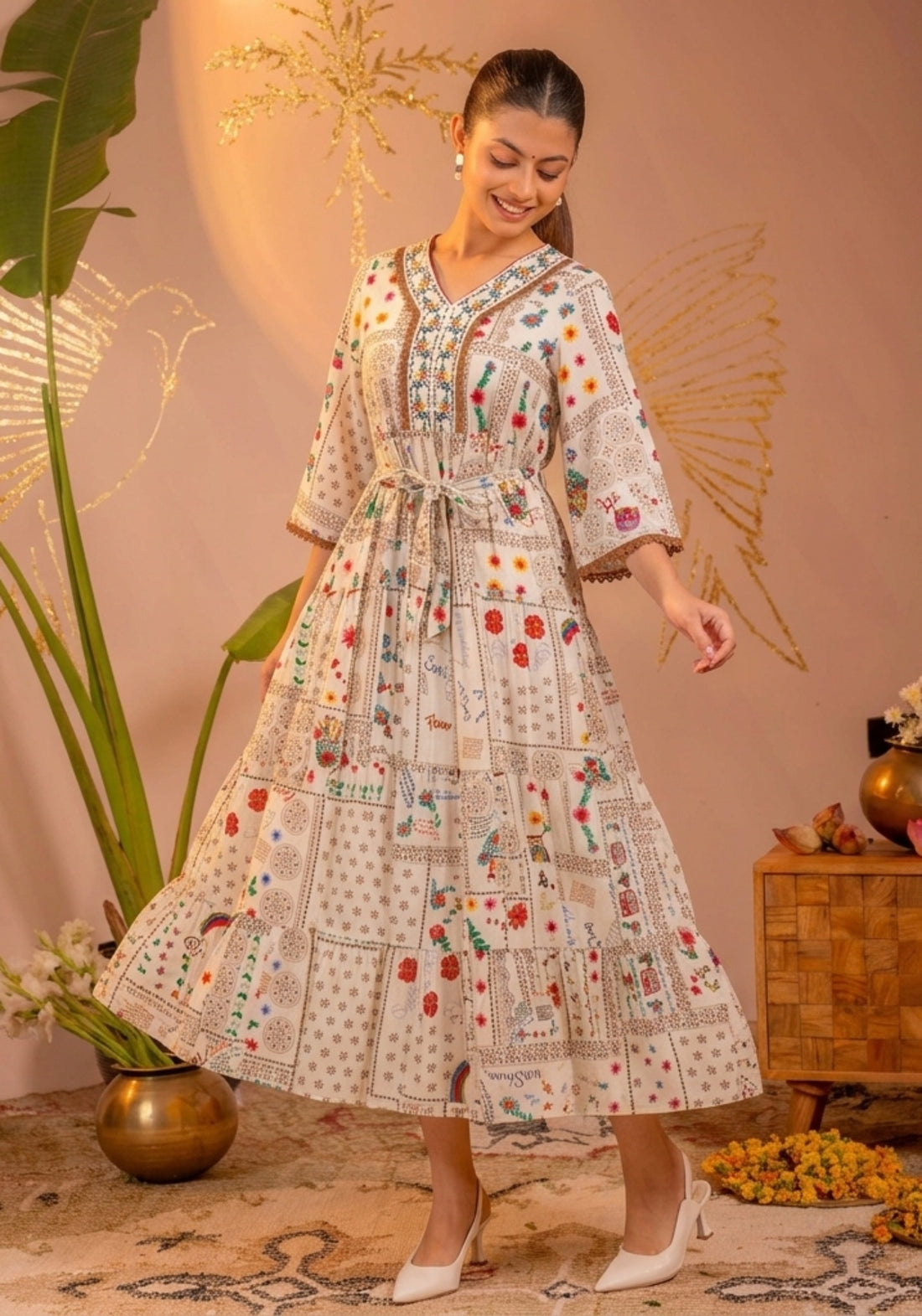 Off-White Embroidered Yoke Cotton Tiered Midi Dress