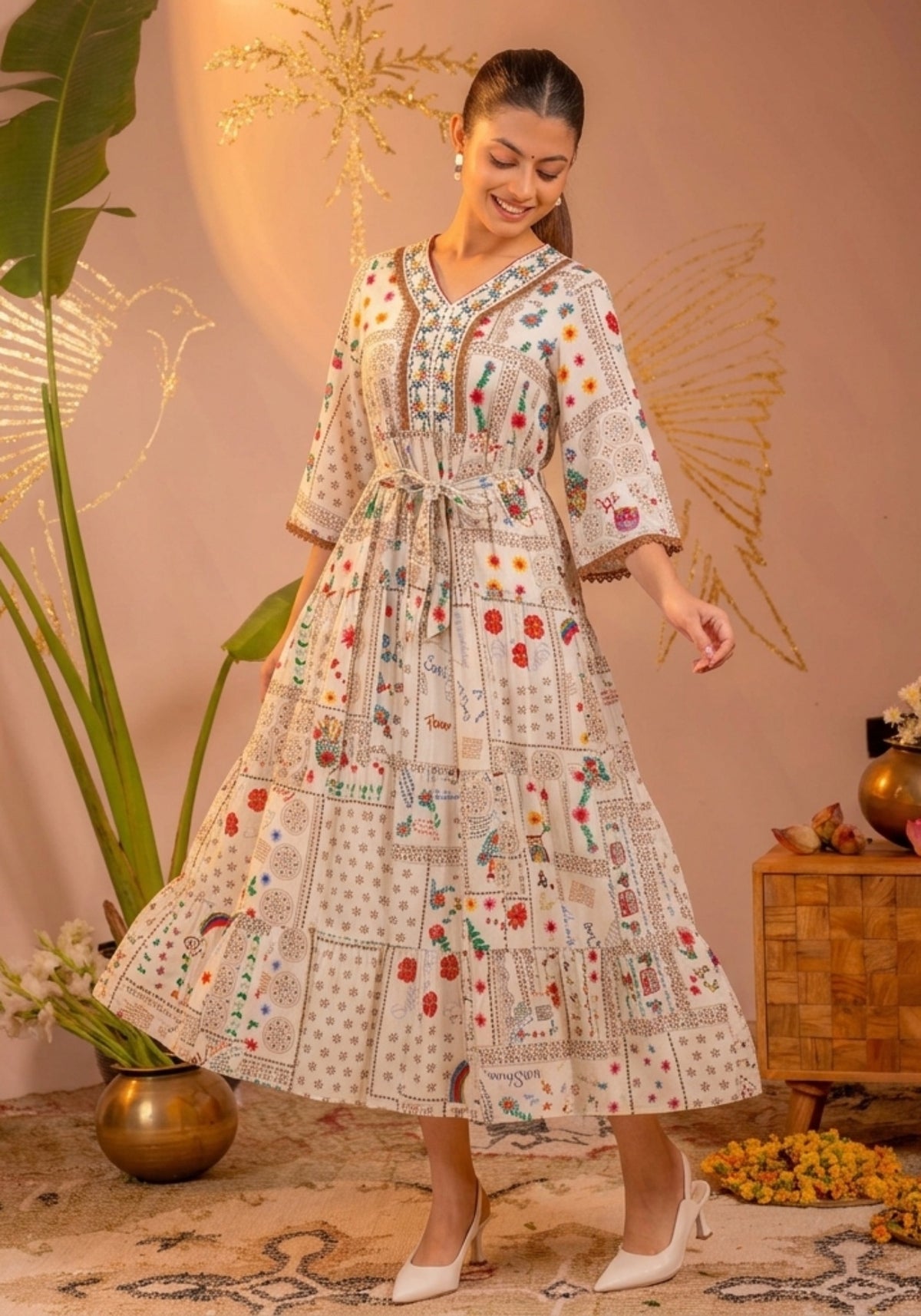 Off-White Embroidered Yoke Cotton Tiered Midi Dress