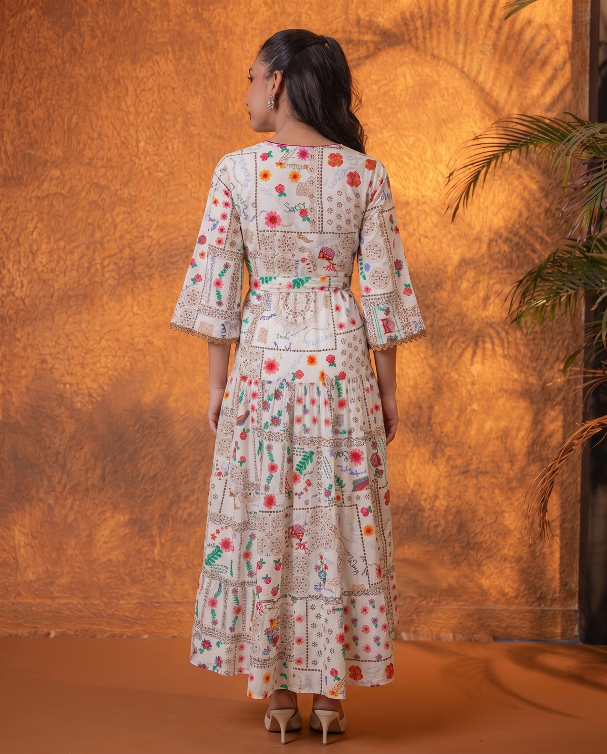 Off-White Embroidered Yoke Cotton Tiered Midi Dress