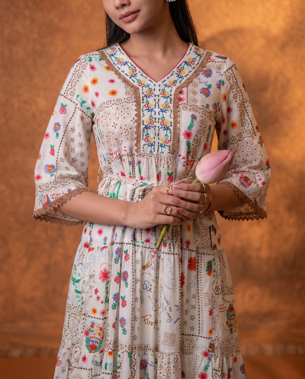 Off-White Embroidered Yoke Cotton Tiered Midi Dress