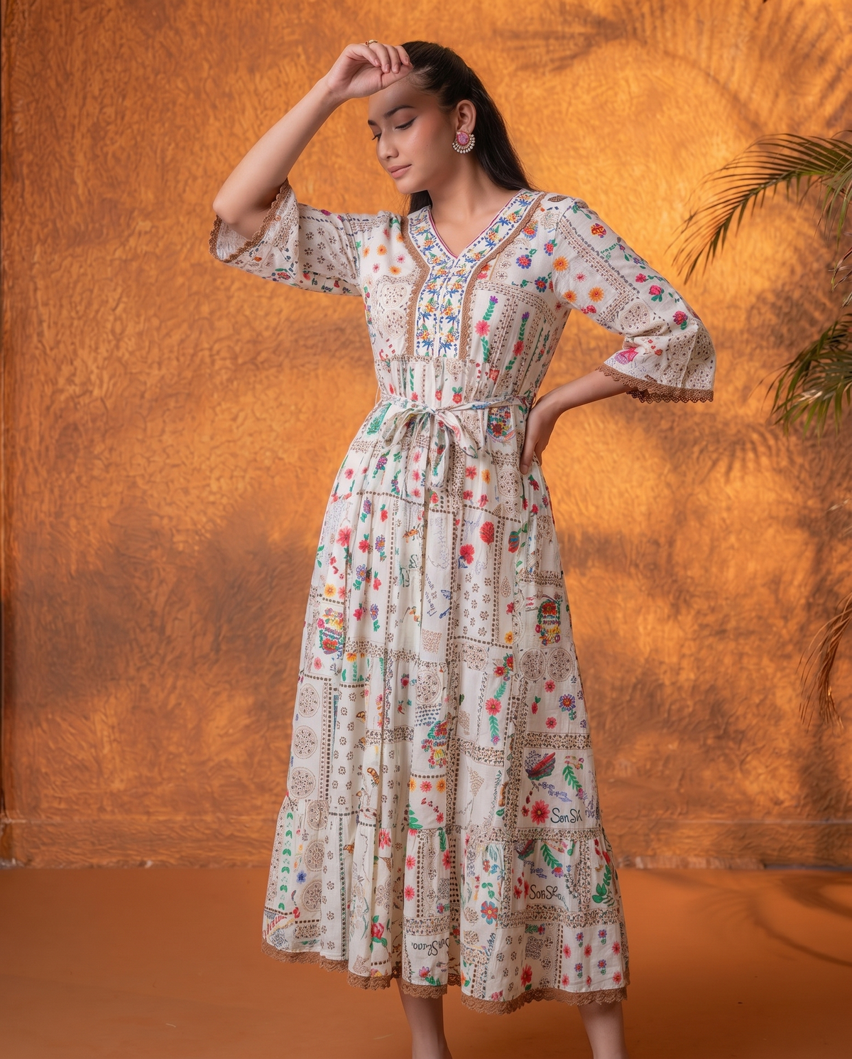 Off-White Embroidered Yoke Cotton Tiered Midi Dress