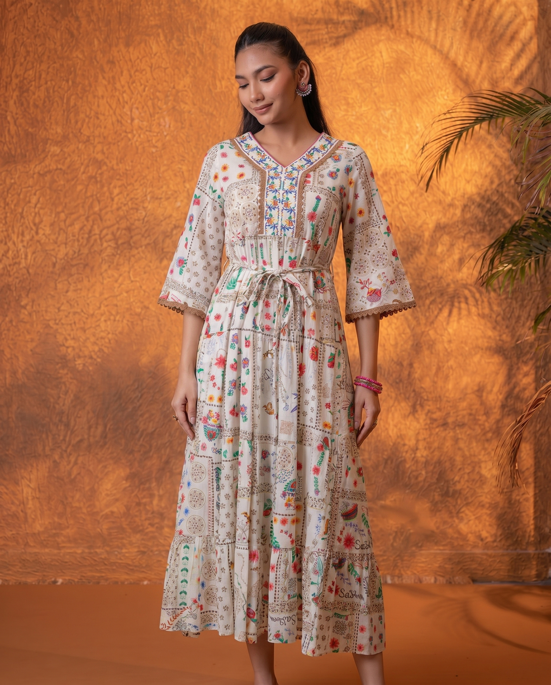 Off-White Embroidered Yoke Cotton Tiered Midi Dress