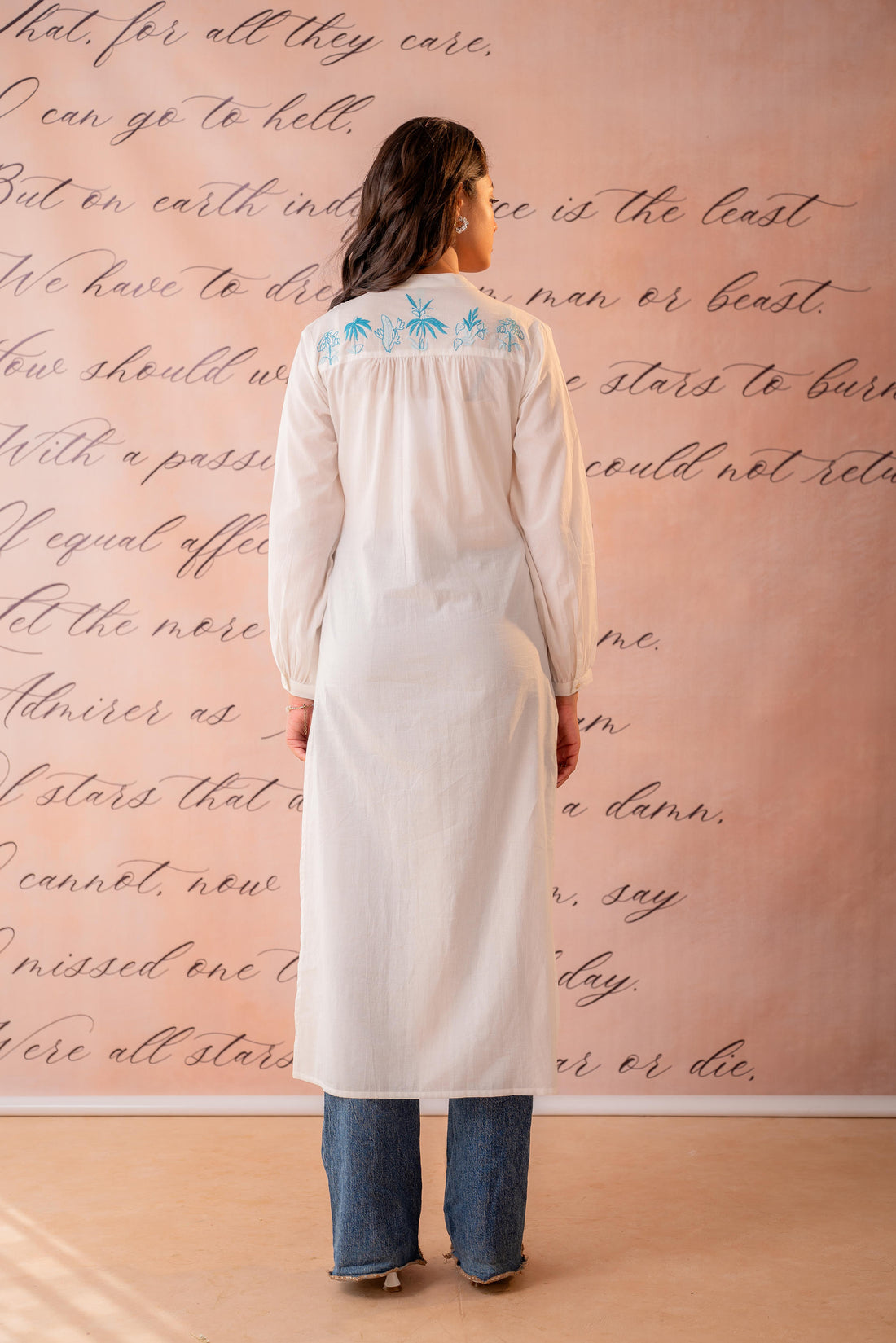 White Cotton Kurta with Blue Palm Embroidery