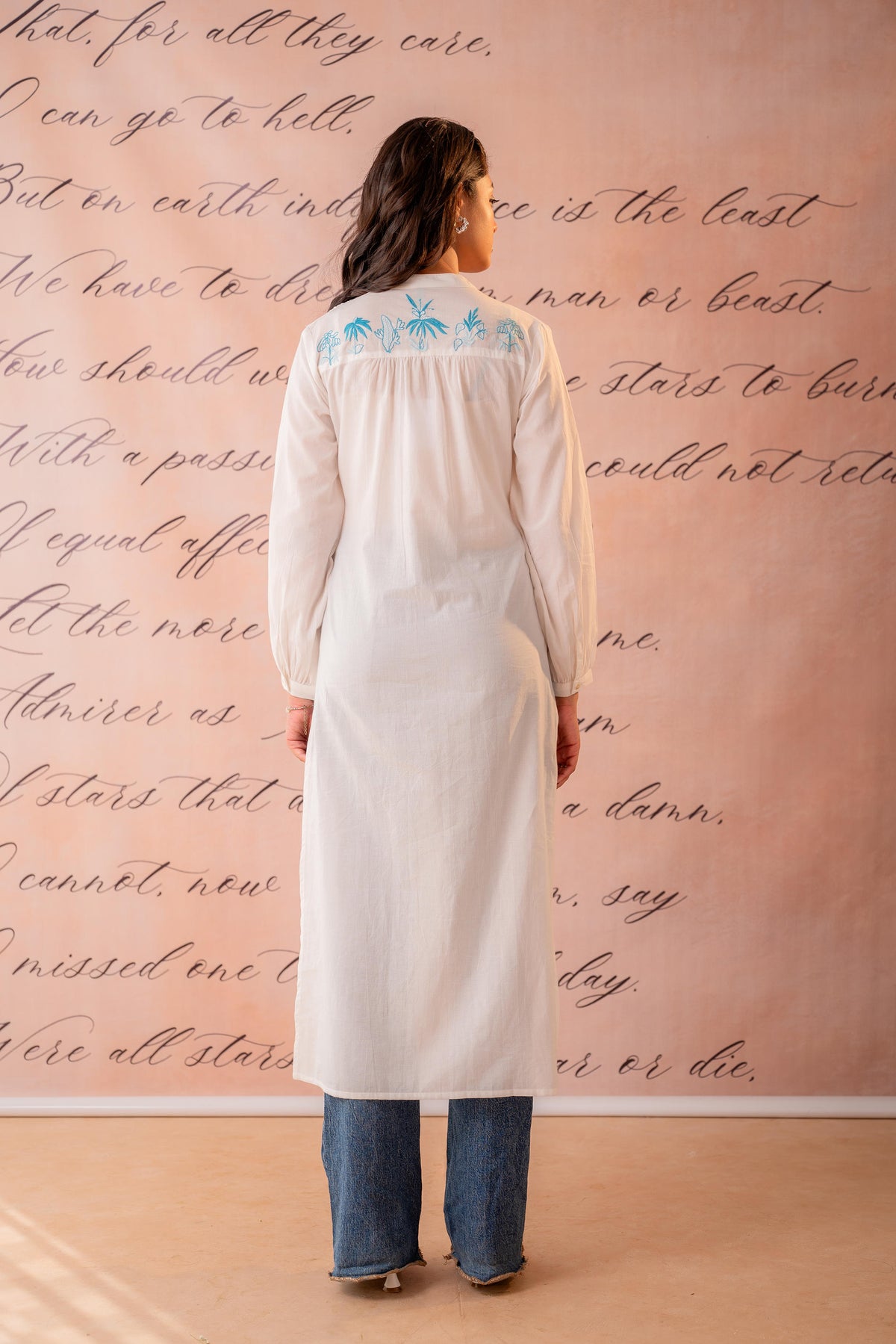 White Cotton Kurta with Blue Palm Embroidery