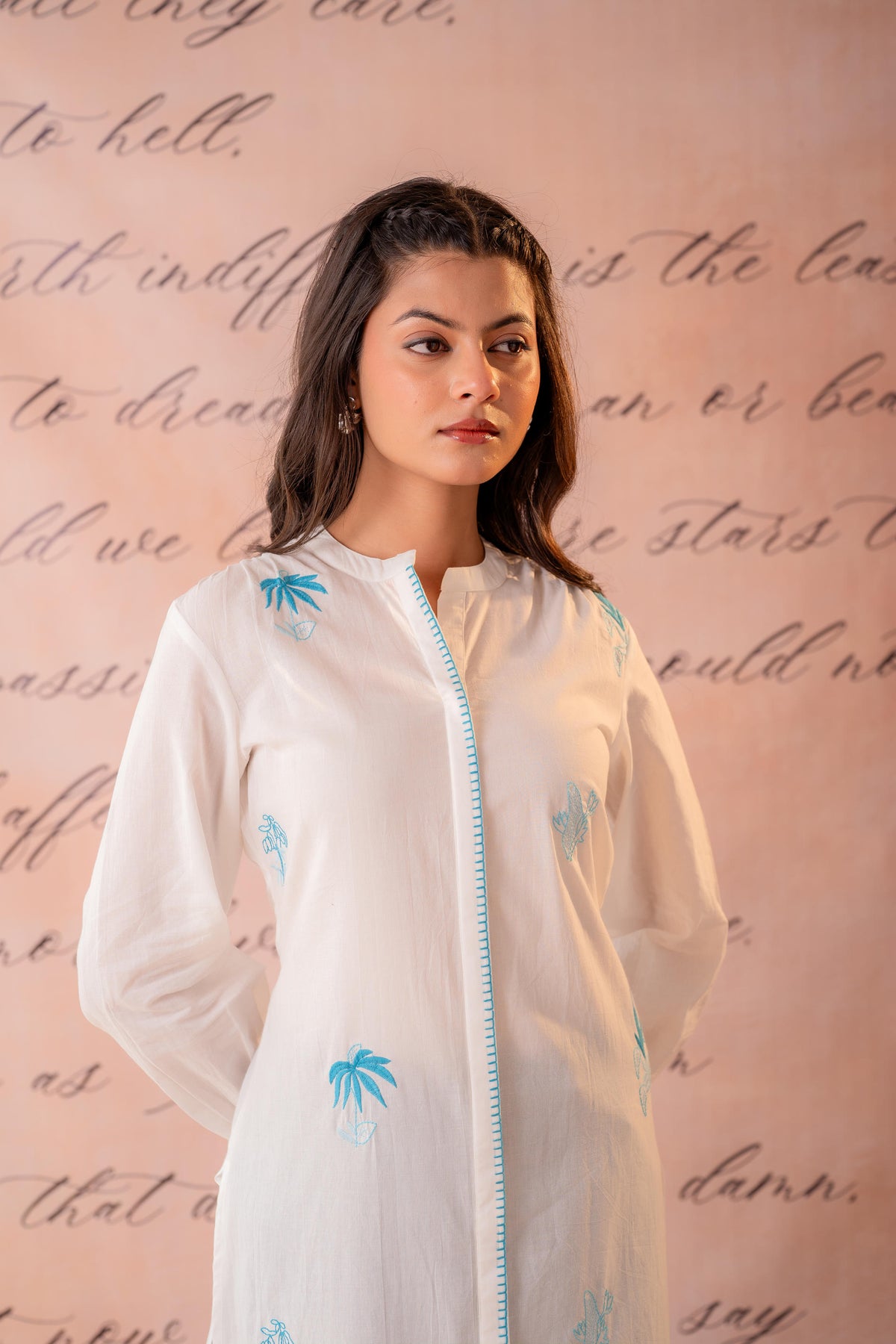 White Cotton Kurta with Blue Palm Embroidery