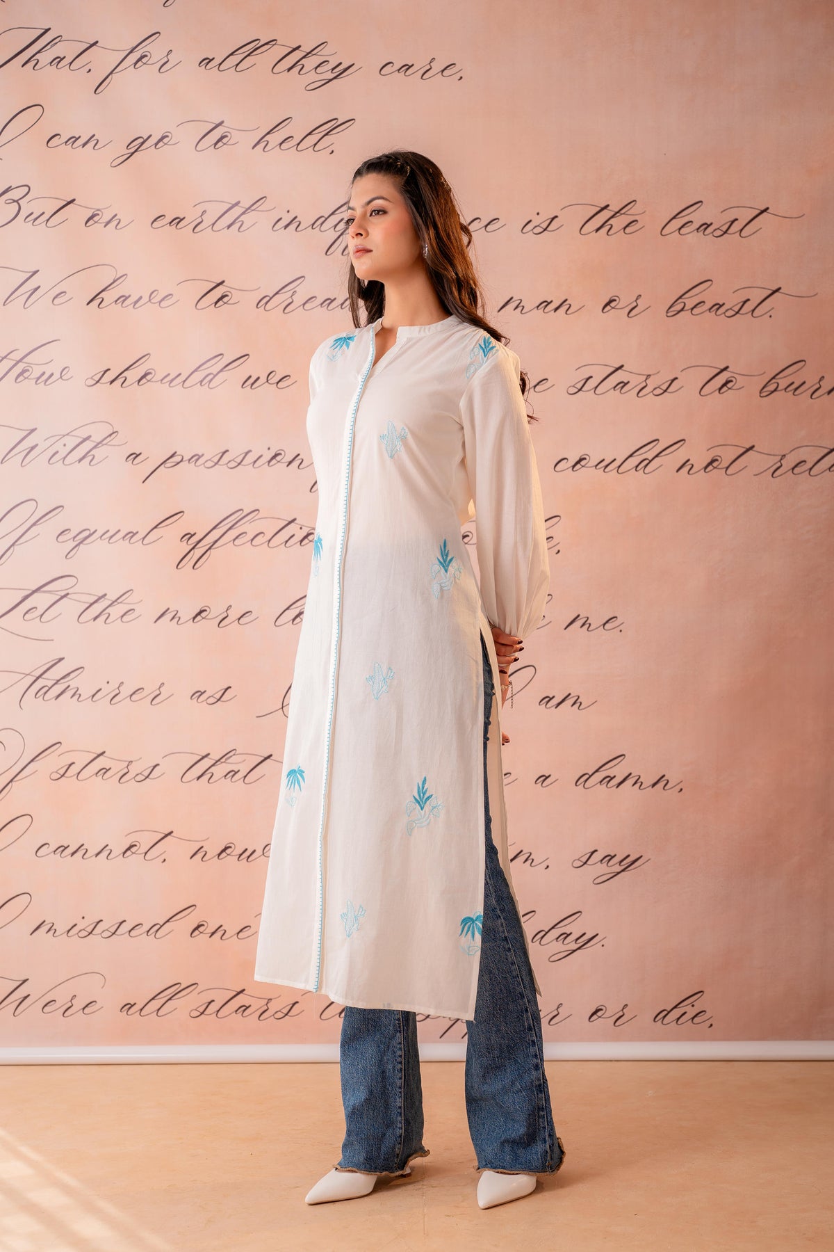 White Cotton Kurta with Blue Palm Embroidery