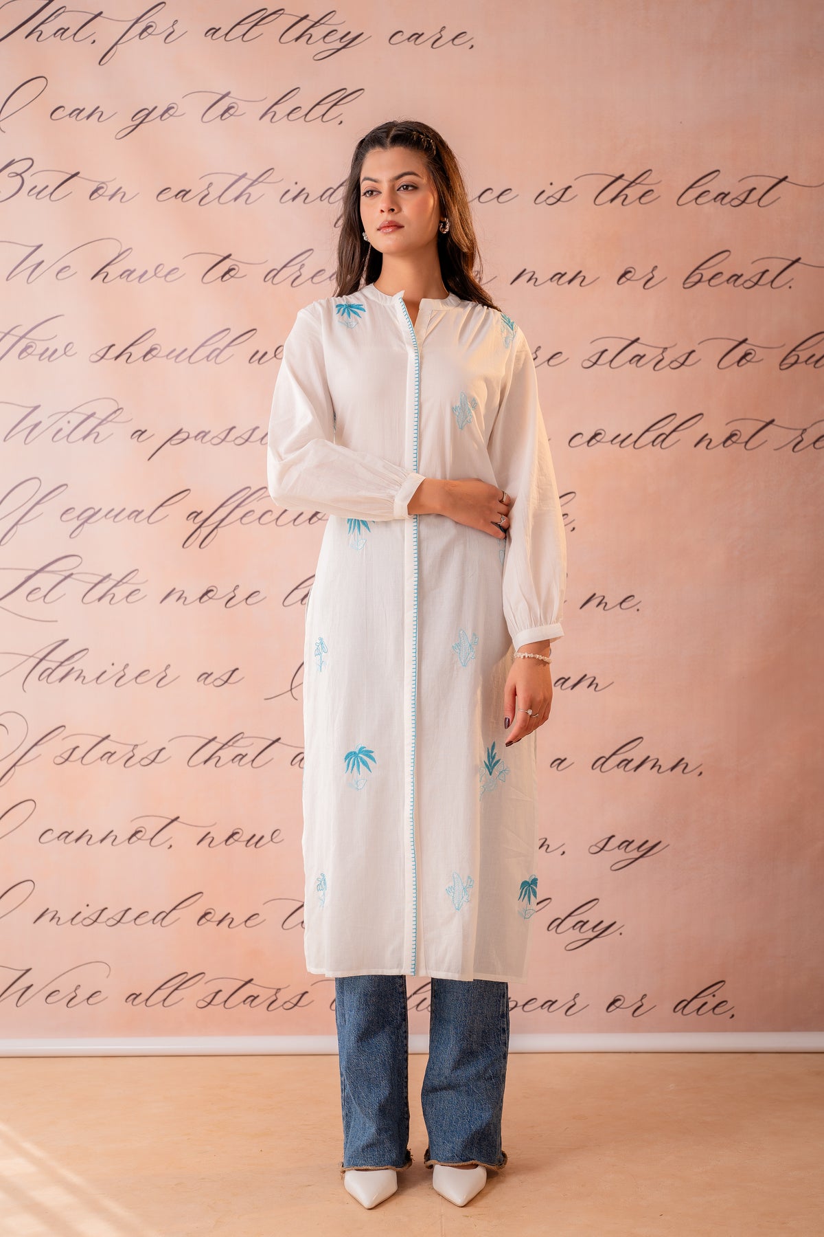 White Cotton Kurta with Blue Palm Embroidery