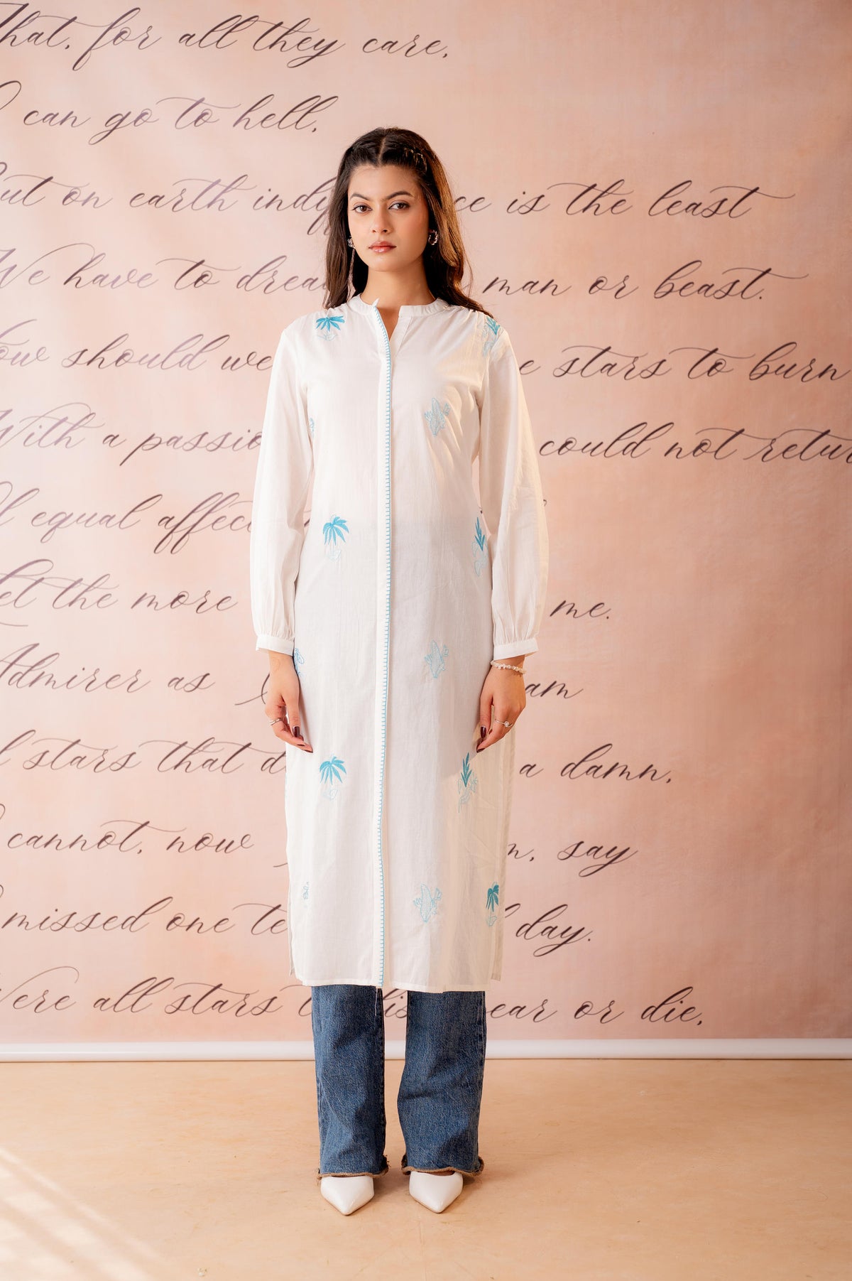 White Cotton Kurta with Blue Palm Embroidery