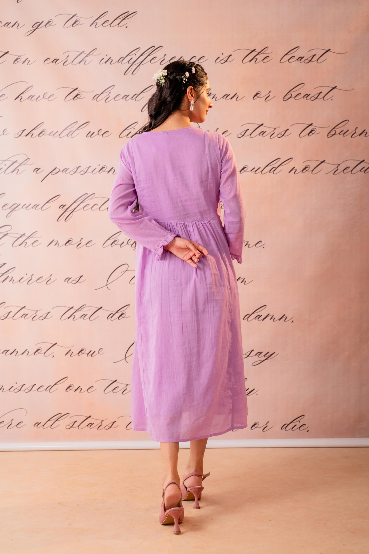 Lavender Cotton Voile Embroidered Midi Dress with Jacket