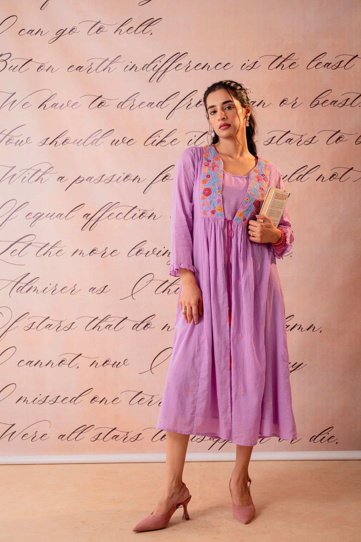 Lavender Cotton Voile Embroidered Midi Dress with Jacket