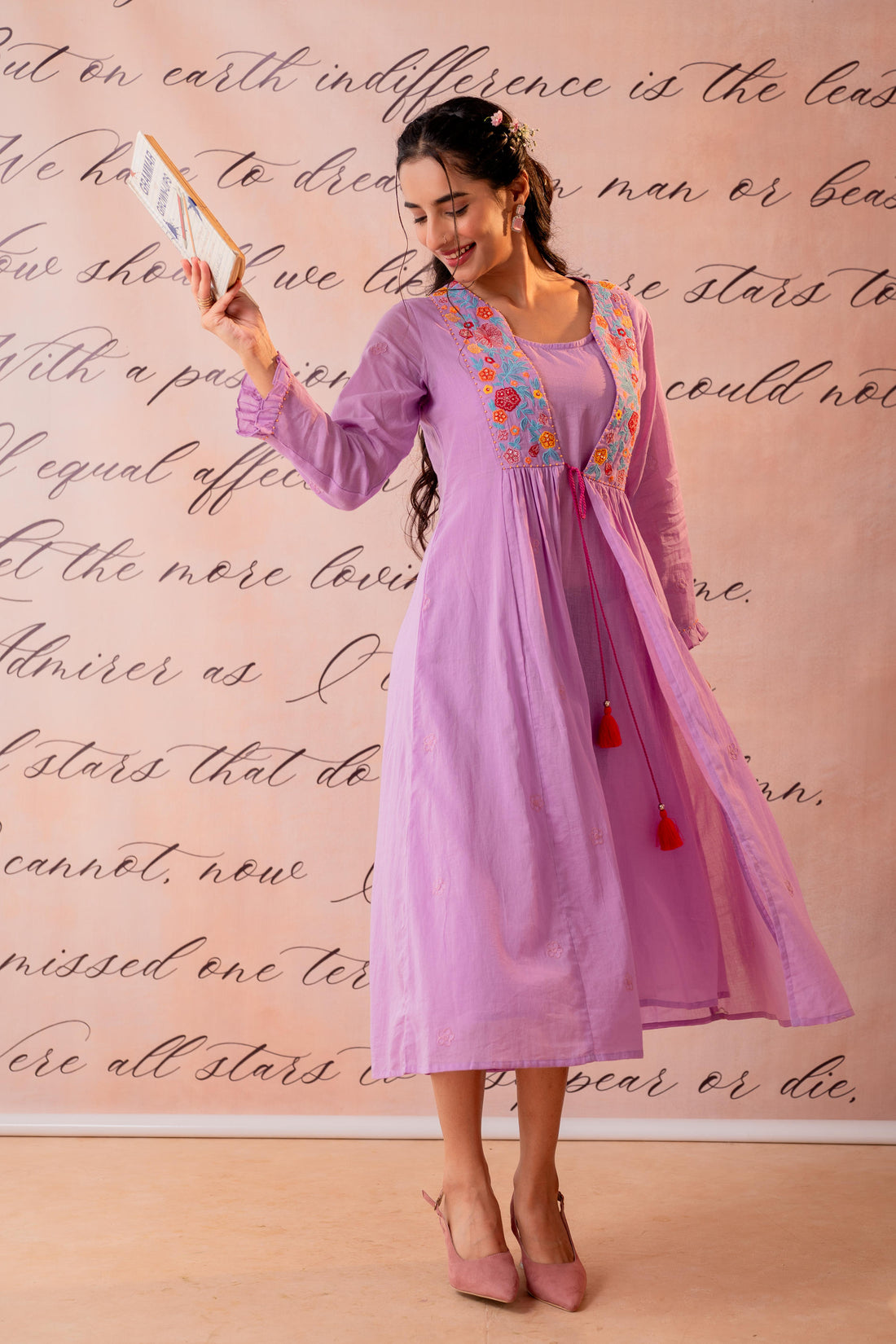 Lavender Cotton Voile Embroidered Midi Dress with Jacket