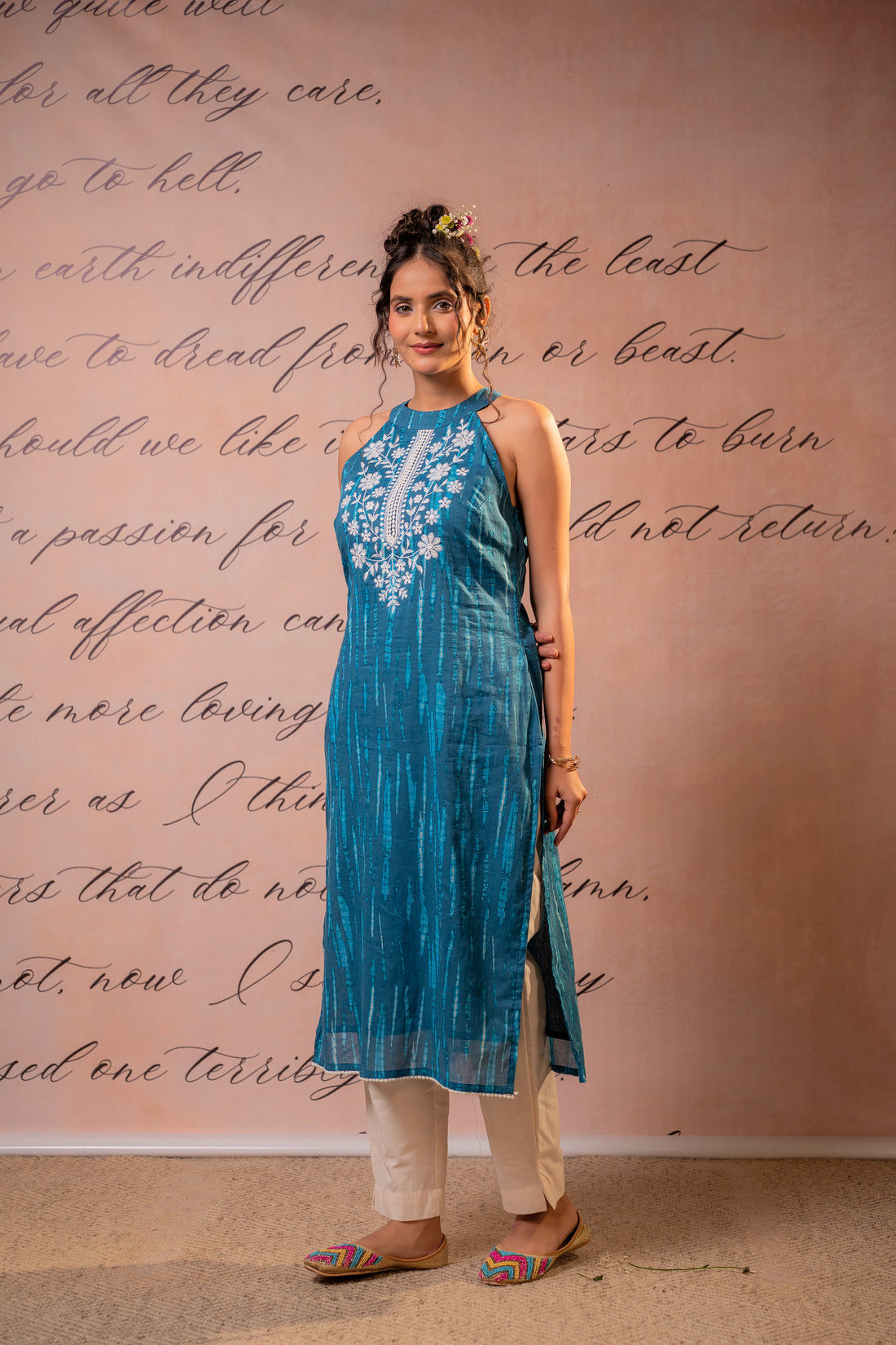 Teal Blue Shibori Cotton Embroidered Halter Neck Kurta