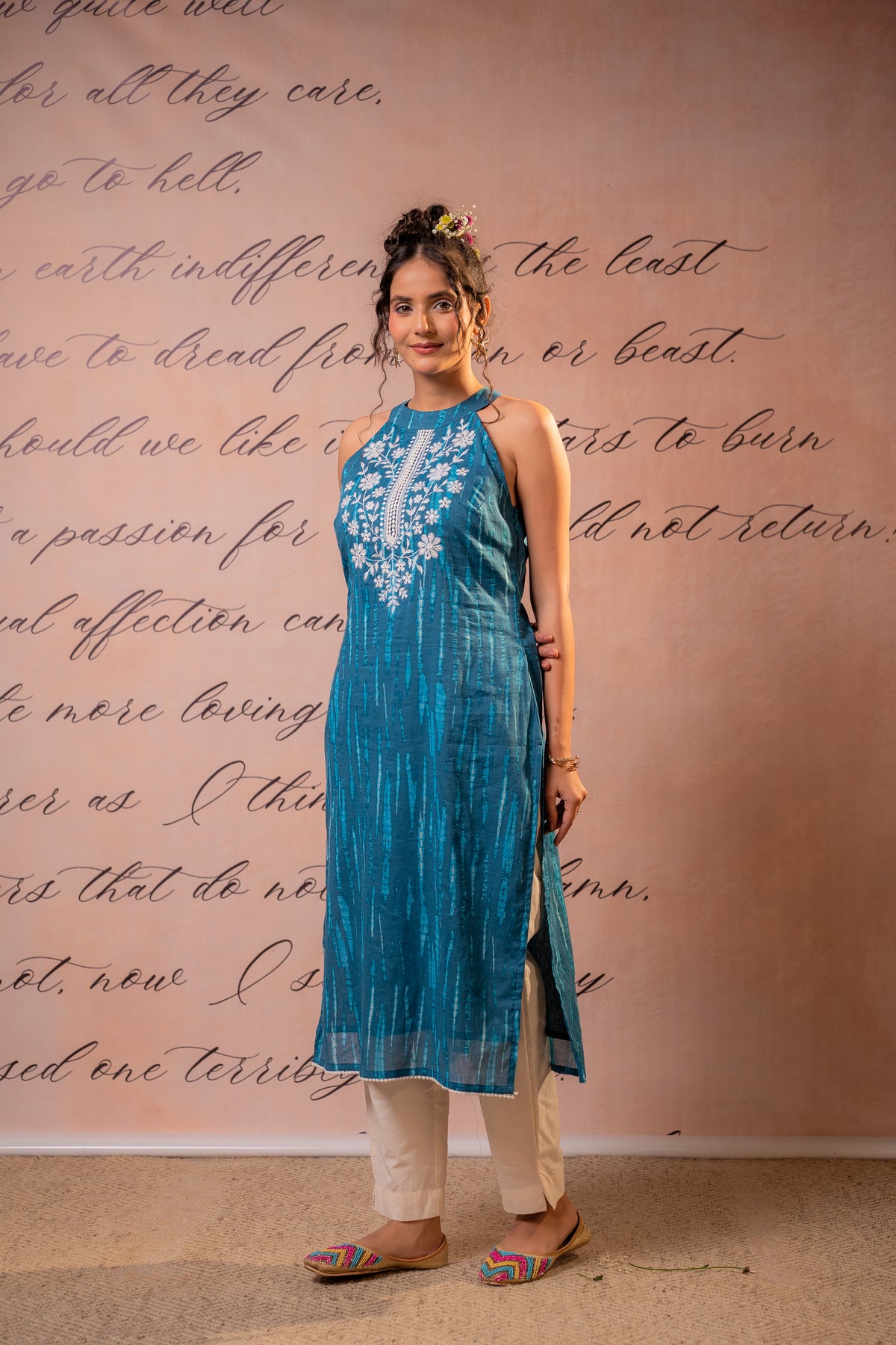Teal Blue Shibori Cotton Embroidered Halter Neck Kurta