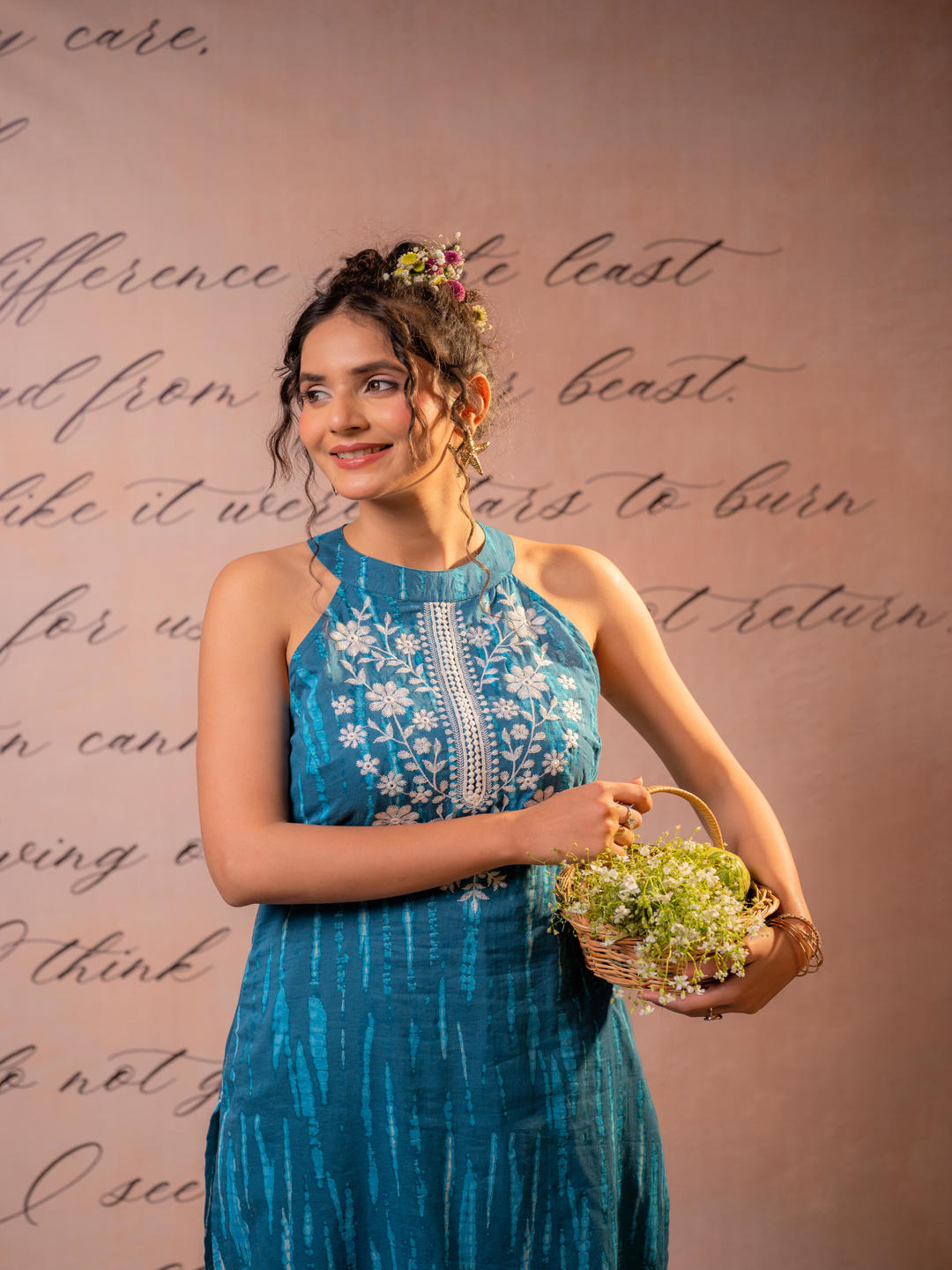 Teal Blue Shibori Cotton Embroidered Halter Neck Kurta
