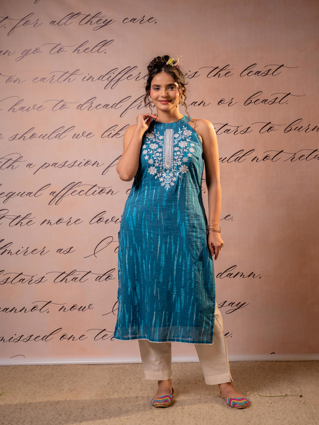 Teal Blue Shibori Cotton Embroidered Halter Neck Kurta