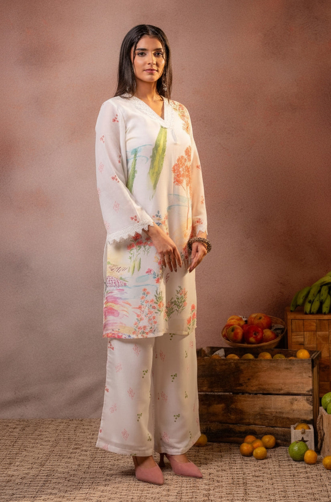 Off-White Water colour Floral Cotton Kurta Pant Set