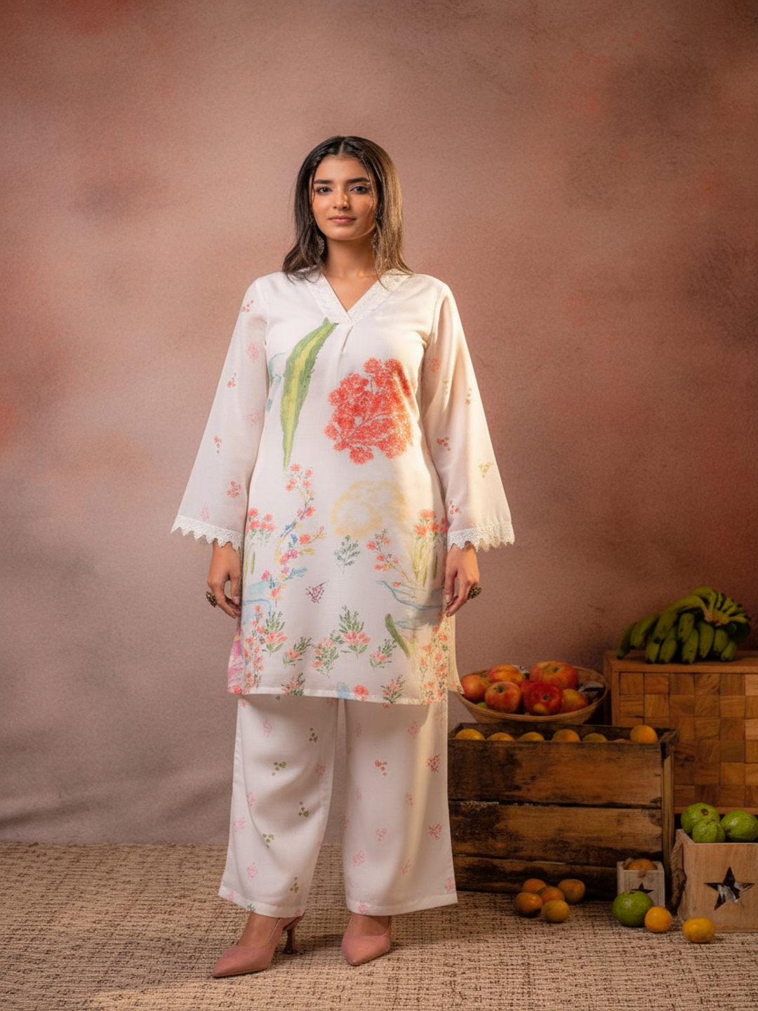 Off-White Water colour Floral Cotton Kurta Pant Set