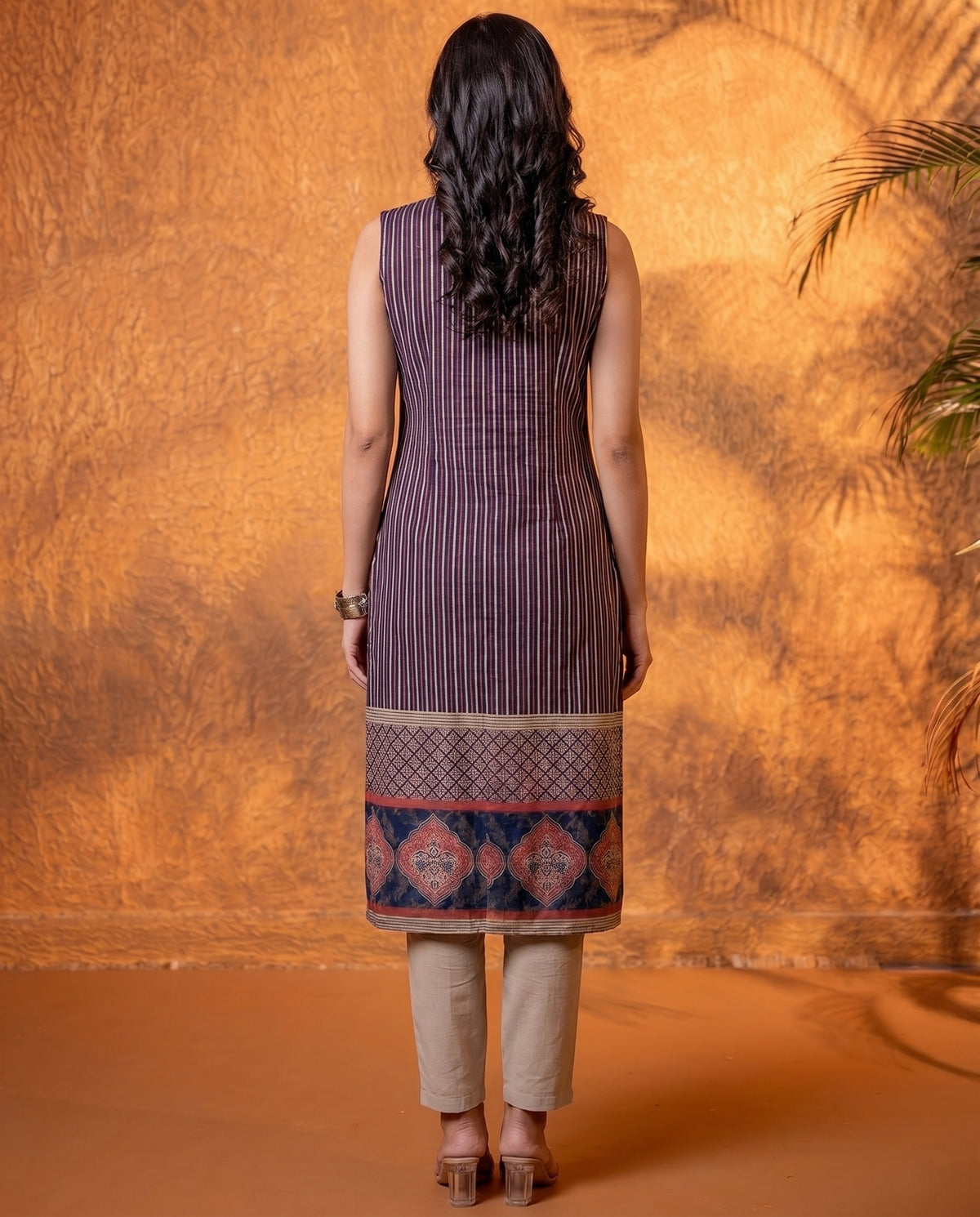 Plum Striped Rayon Kurta with Ethnic Print Border