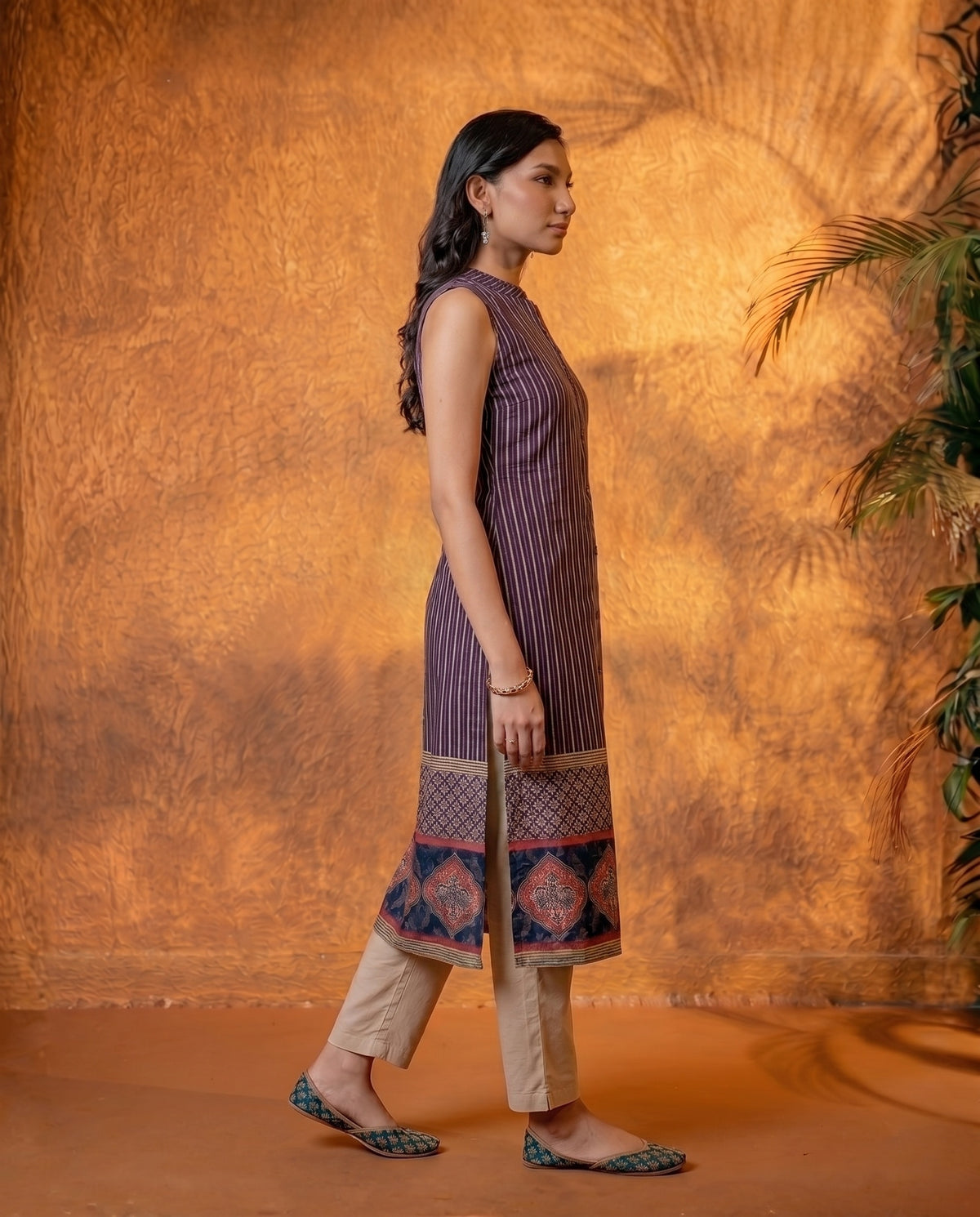 Plum Striped Rayon Kurta with Ethnic Print Border