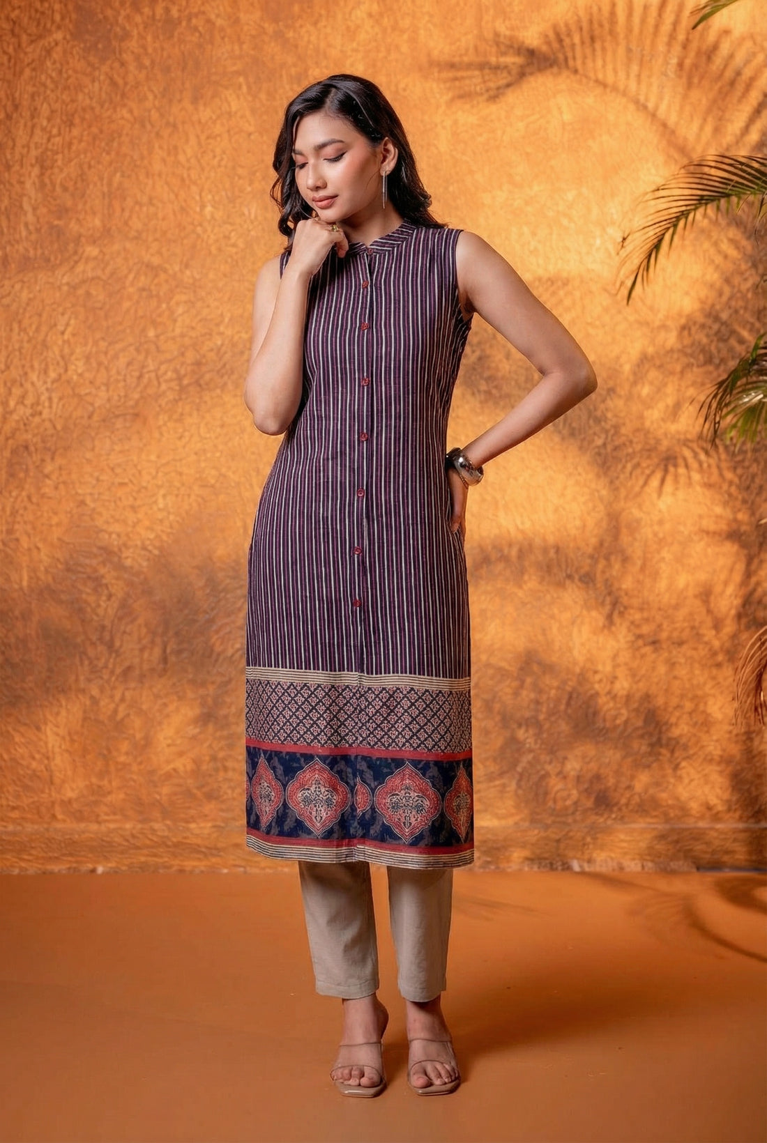 Plum Striped Rayon Kurta with Ethnic Print Border