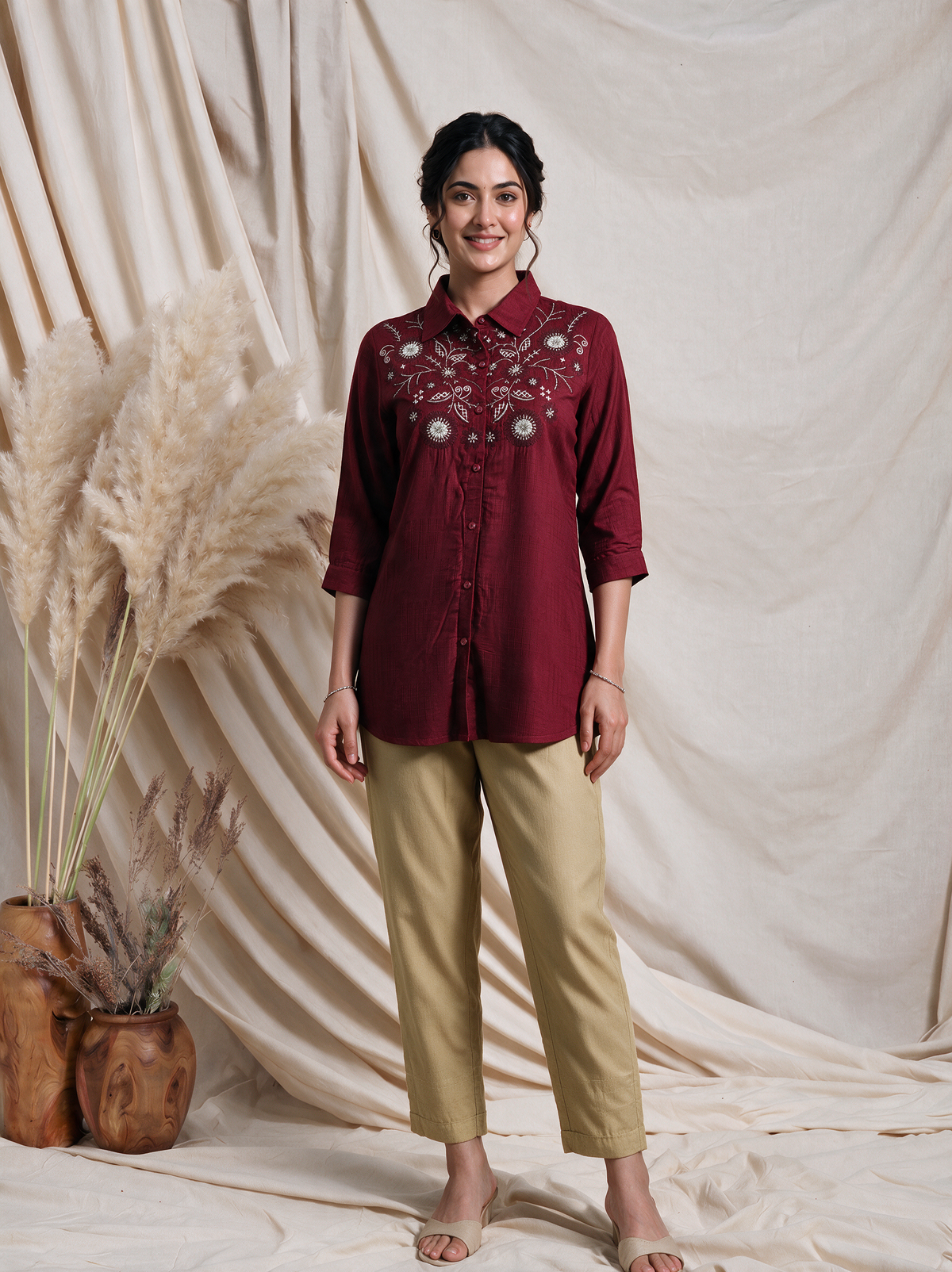 Maroon Embroidered Viscose Shirt-Style Kurti