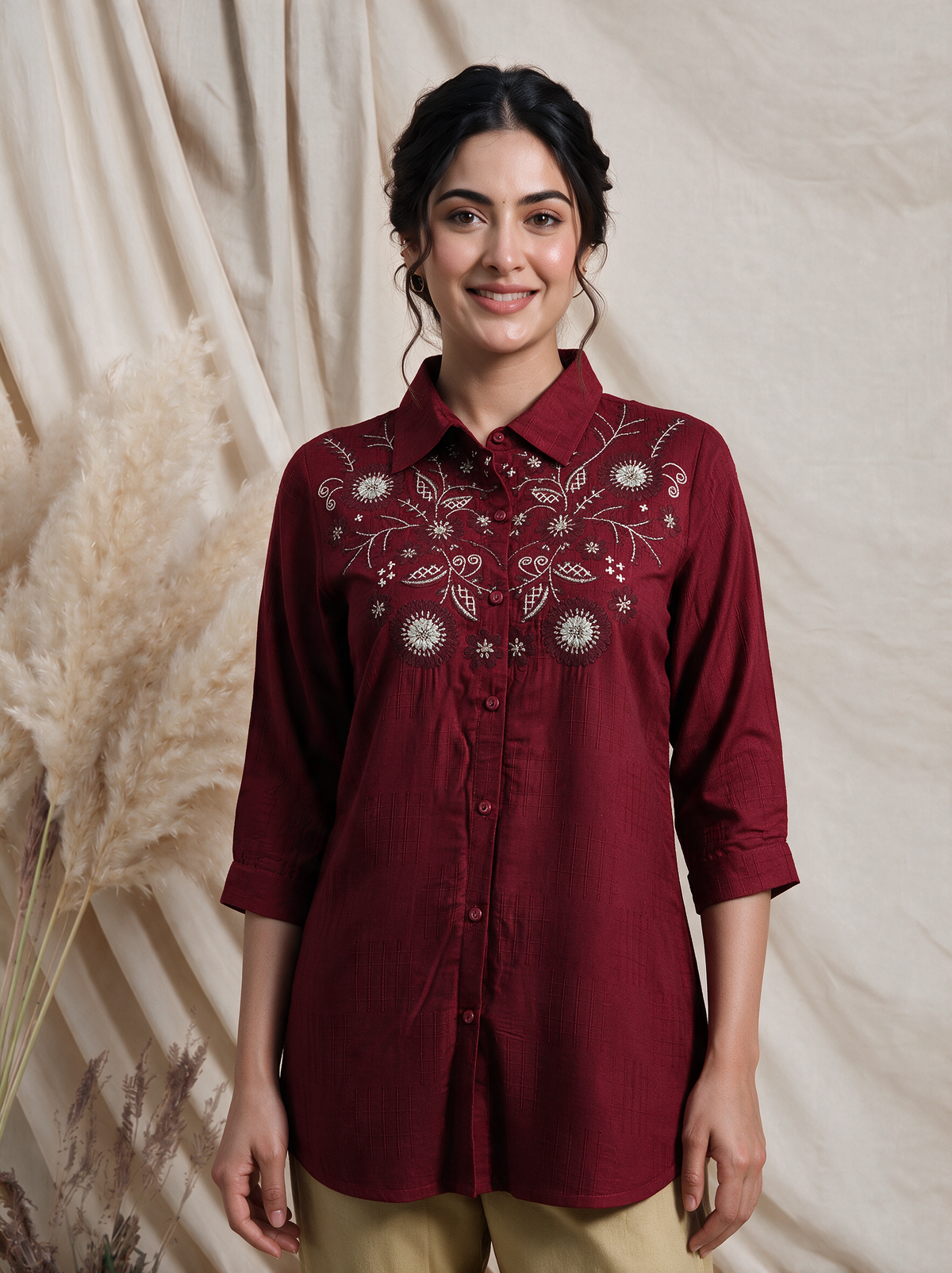 Maroon Embroidered Viscose Shirt-Style Kurti