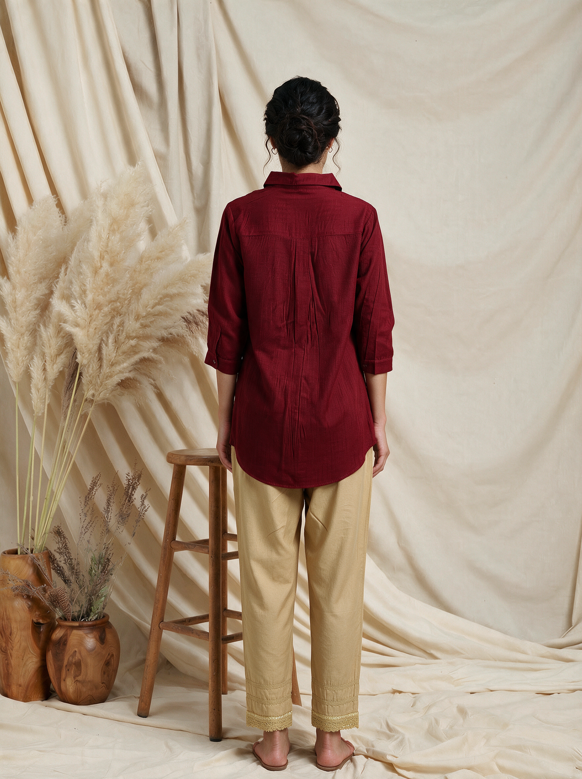 Maroon Embroidered Viscose Shirt-Style Kurti