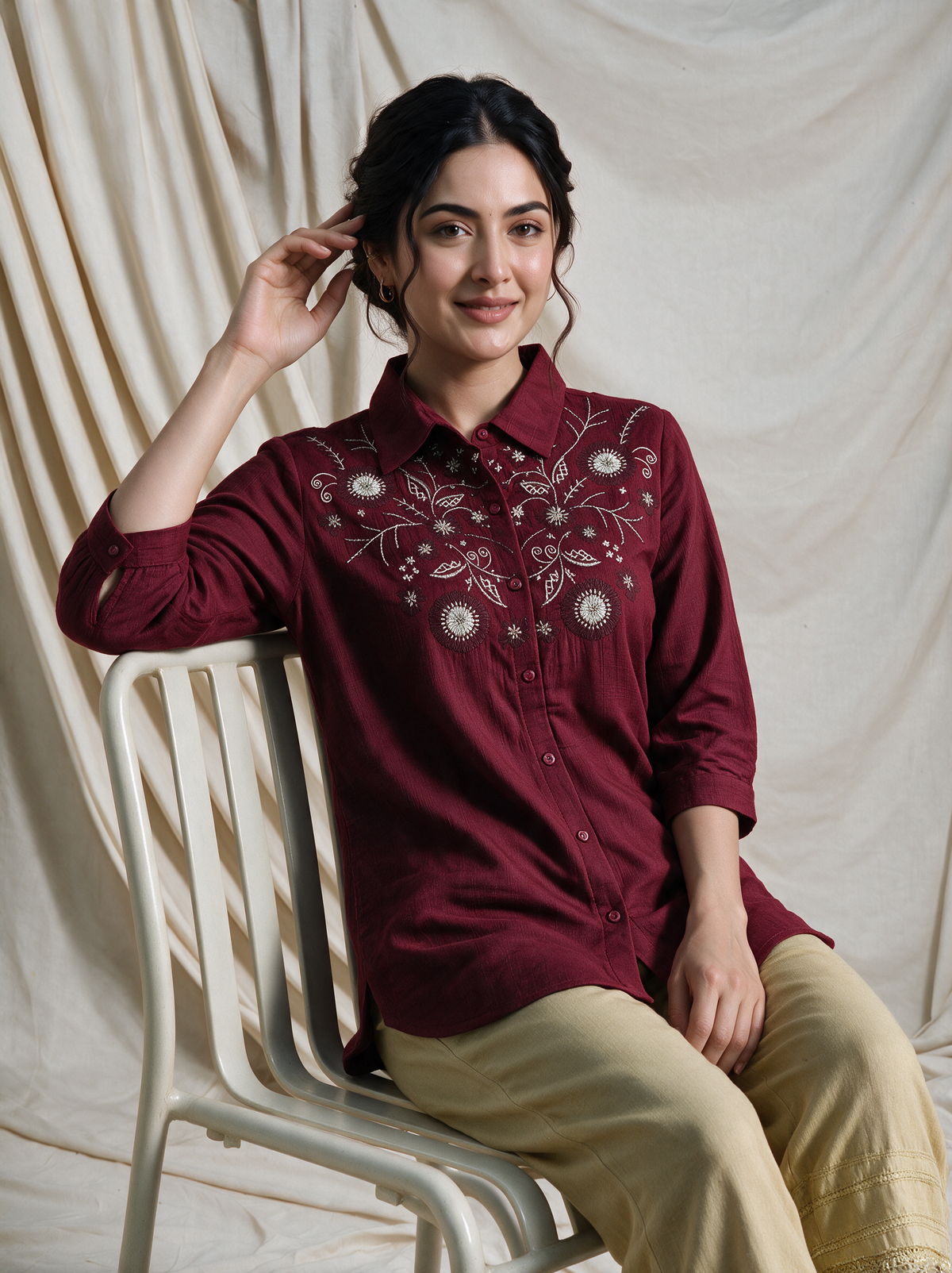 Maroon Embroidered Viscose Shirt-Style Kurti