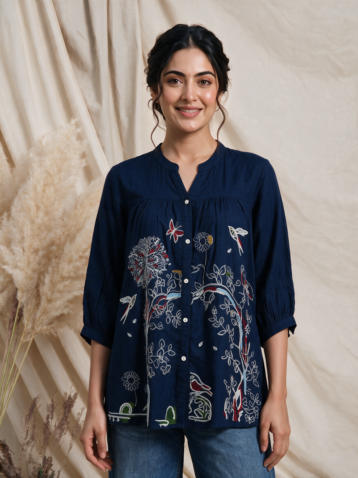 Navy Blue Embroidered Viscose Short Kurti Top