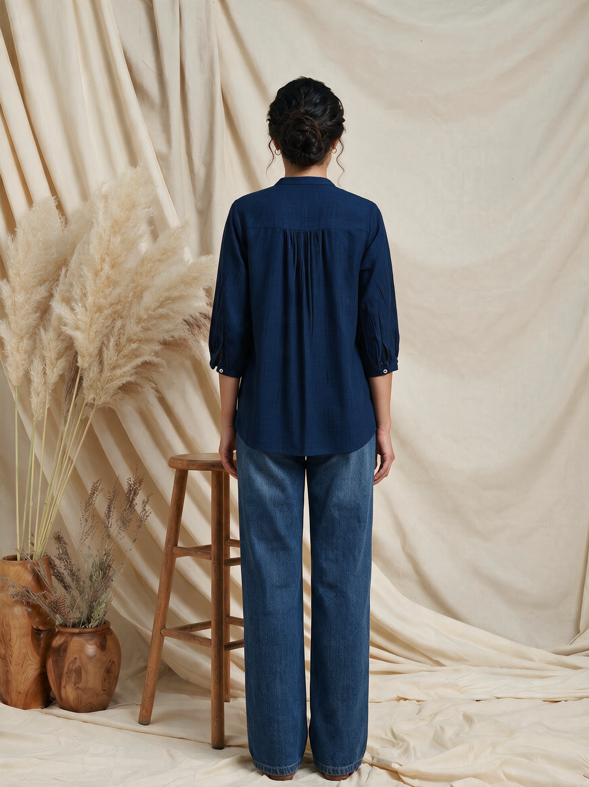 Navy Blue Embroidered Viscose Short Kurti Top
