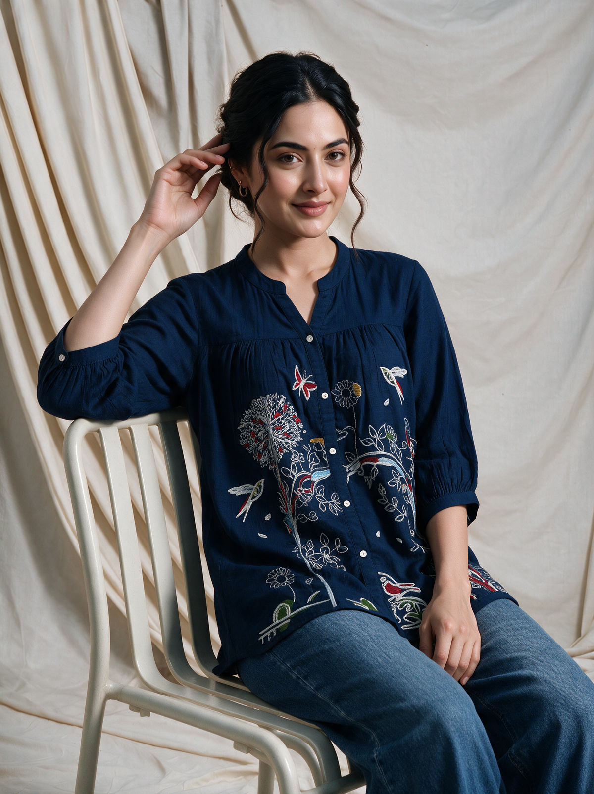 Navy Blue Embroidered Viscose Short Kurti Top