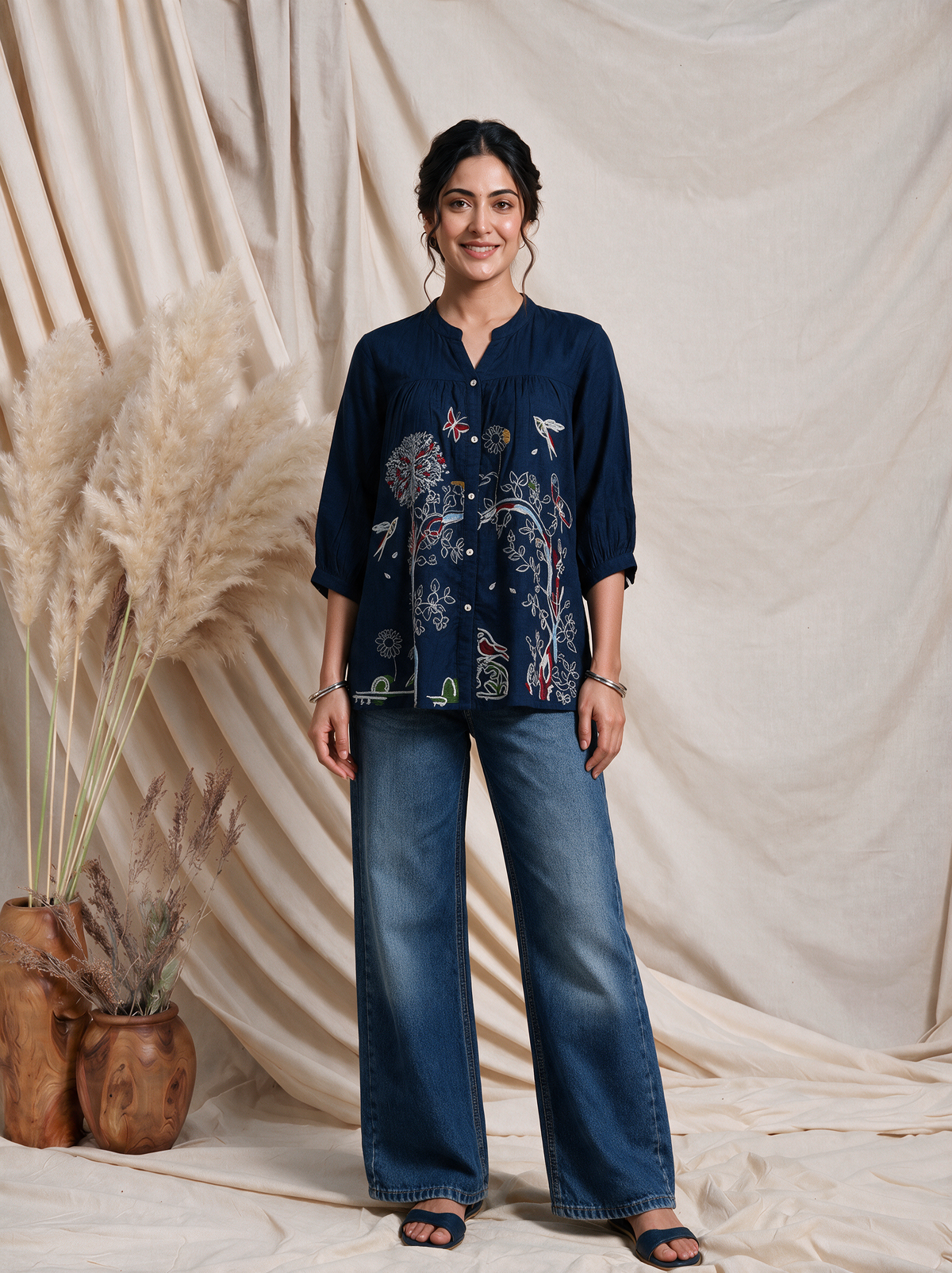 Navy Blue Embroidered Viscose Short Kurti Top