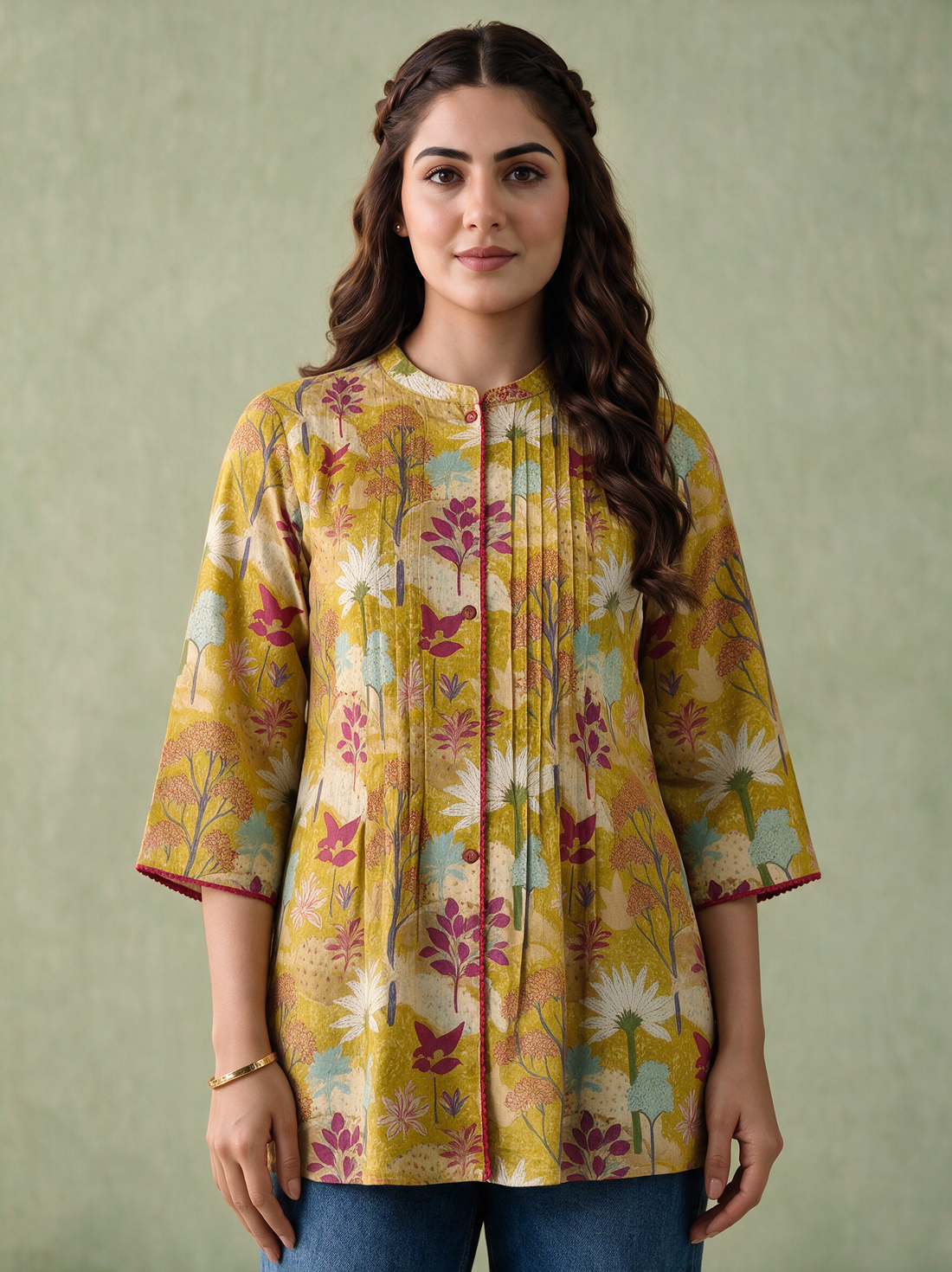 Mustard Landscape Print Viscose Pintuck Tunic Top