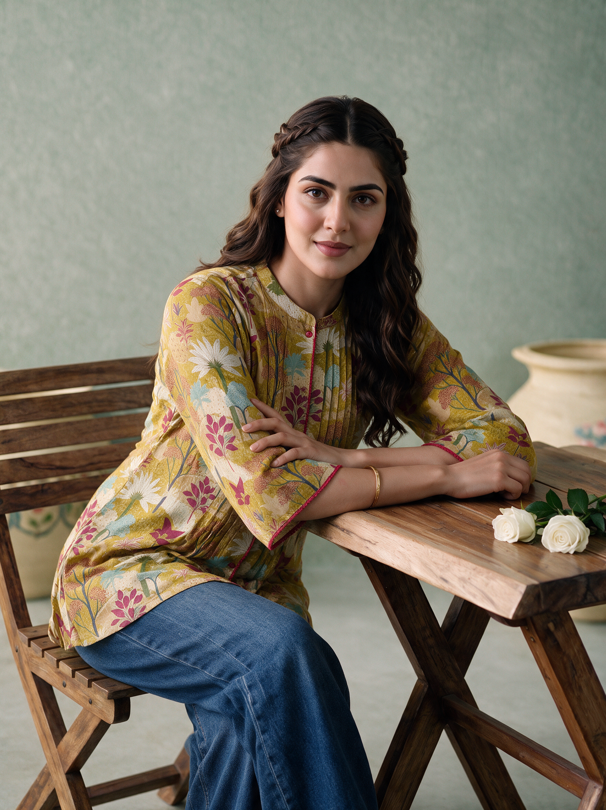 Mustard Landscape Print Viscose Pintuck Tunic Top