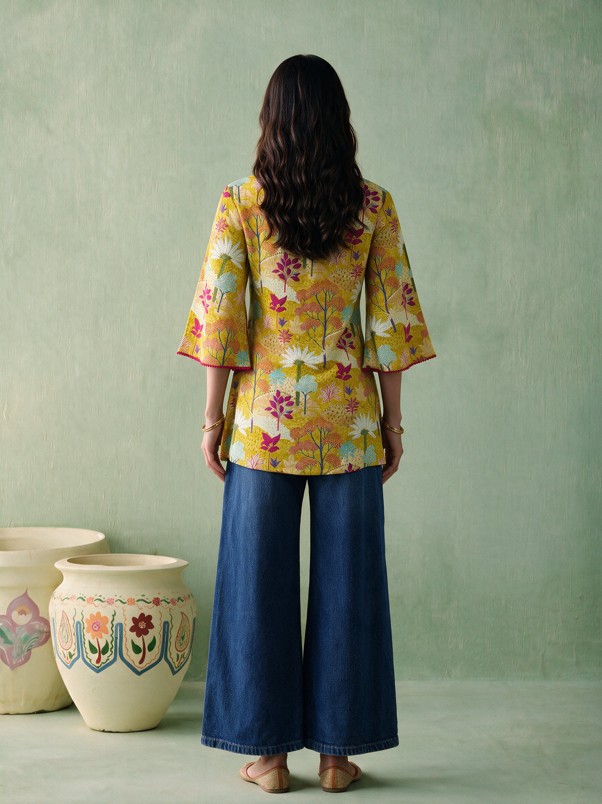 Mustard Landscape Print Viscose Pintuck Tunic Top