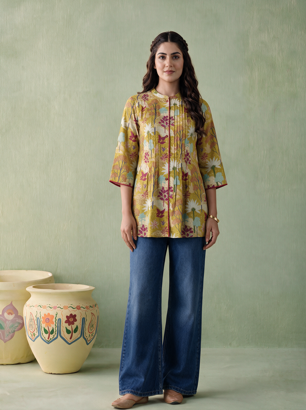 Mustard Landscape Print Viscose Pintuck Tunic Top