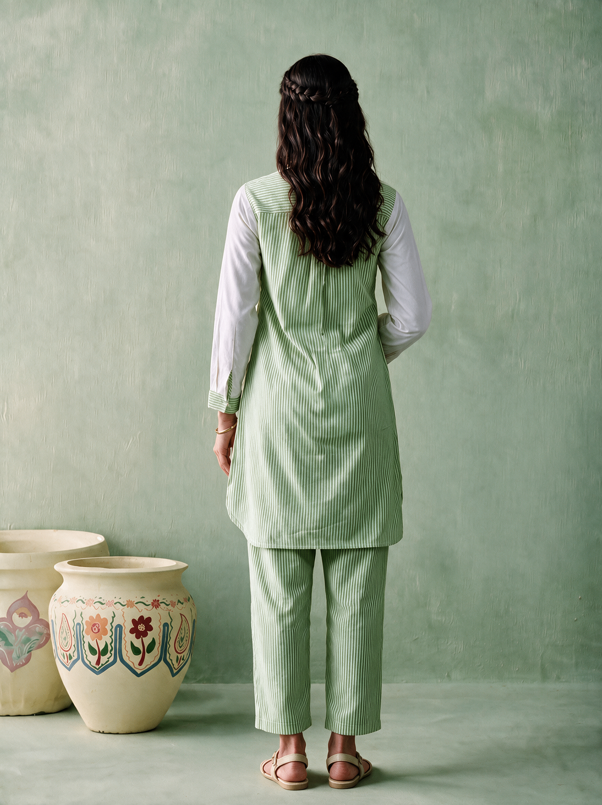 Green Striped Embroidered Poly Cotton Co-ord Set