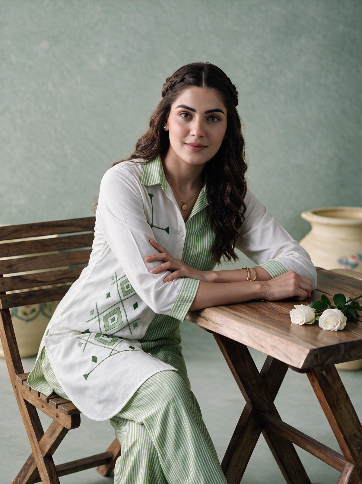 Green Striped Embroidered Poly Cotton Co-ord Set