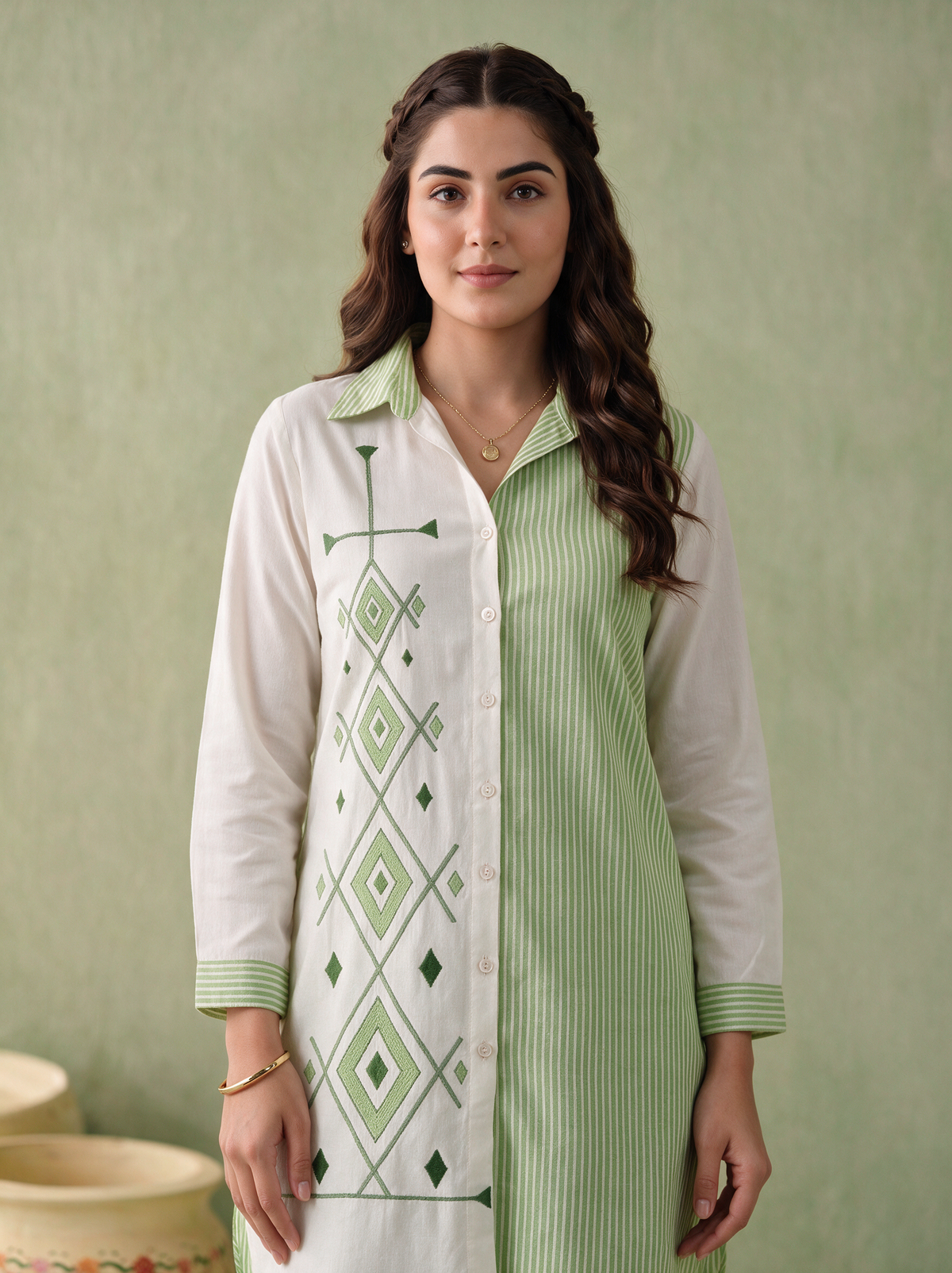 Green Striped Embroidered Poly Cotton Co-ord Set