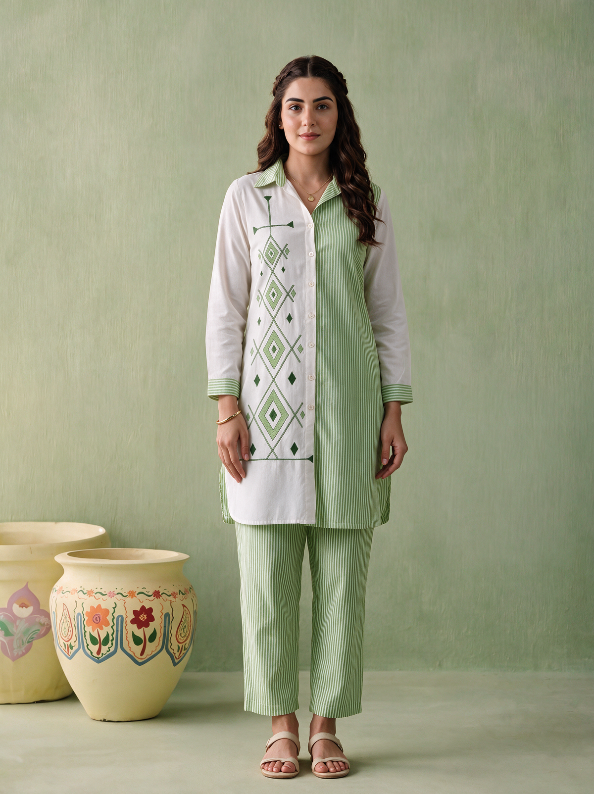 Green Striped Embroidered Poly Cotton Co-ord Set