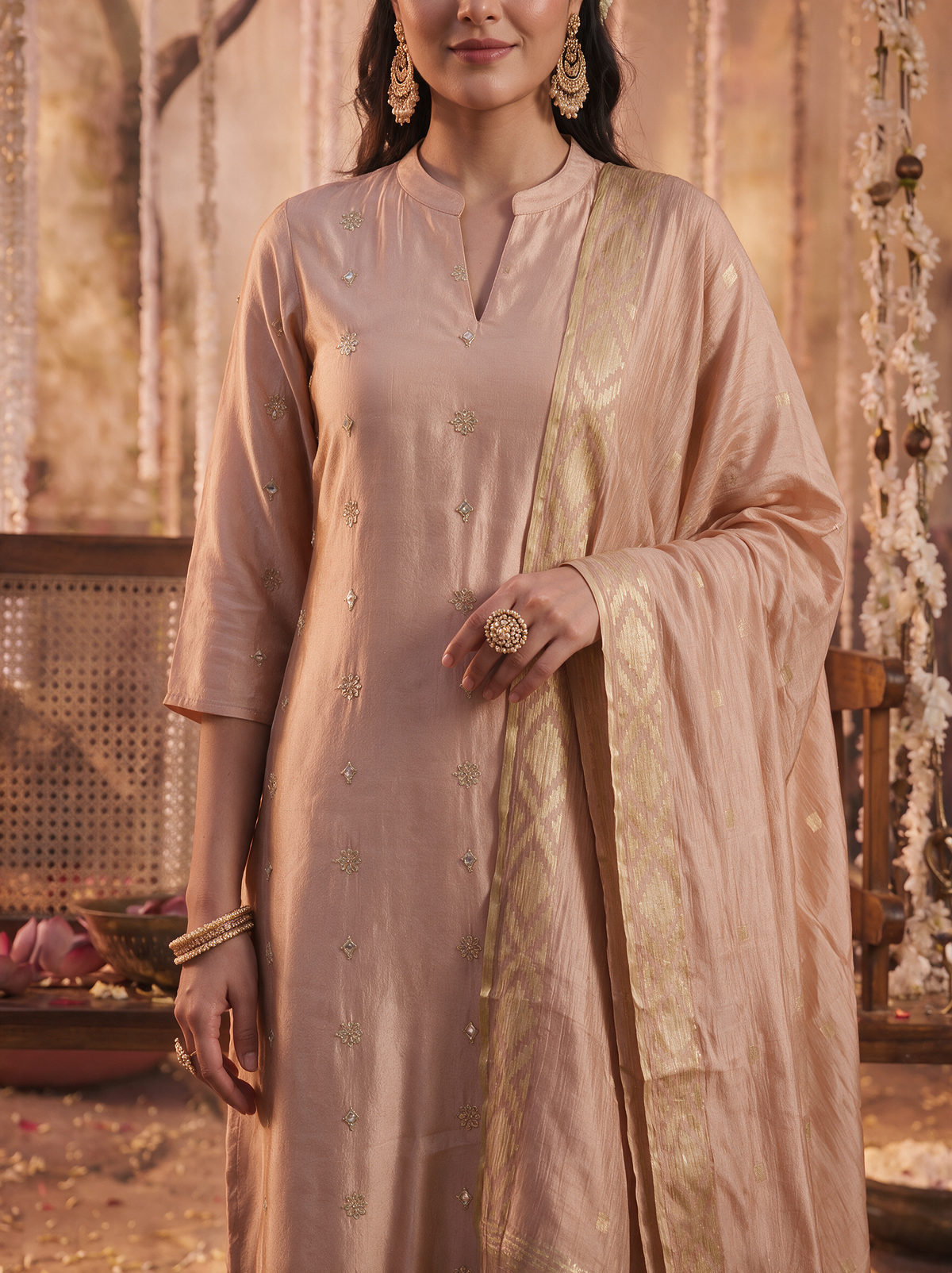 Peach Viscose Shimmer Embroidered Kurta Set with Dupatta