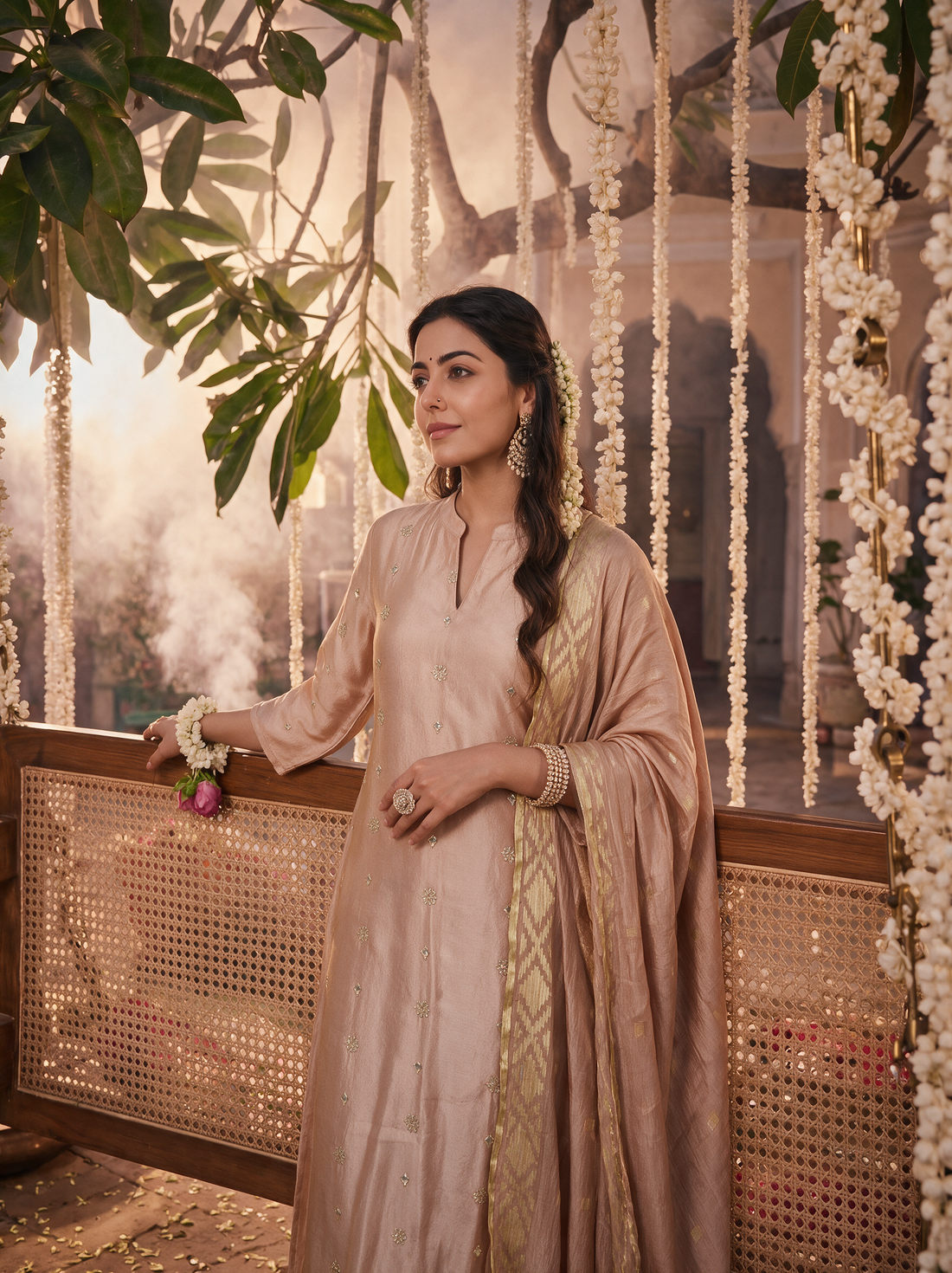 Peach Viscose Shimmer Embroidered Kurta Set with Dupatta