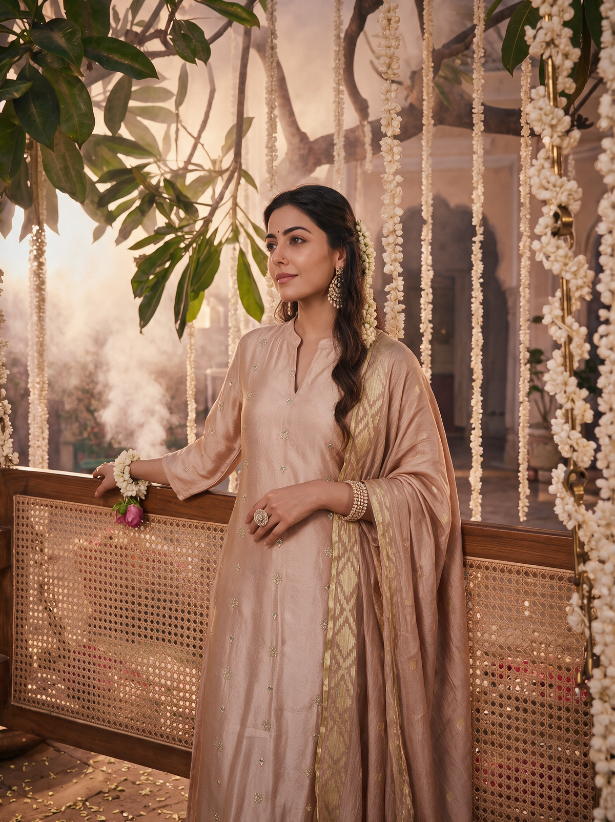 Peach Viscose Shimmer Embroidered Kurta Set with Dupatta