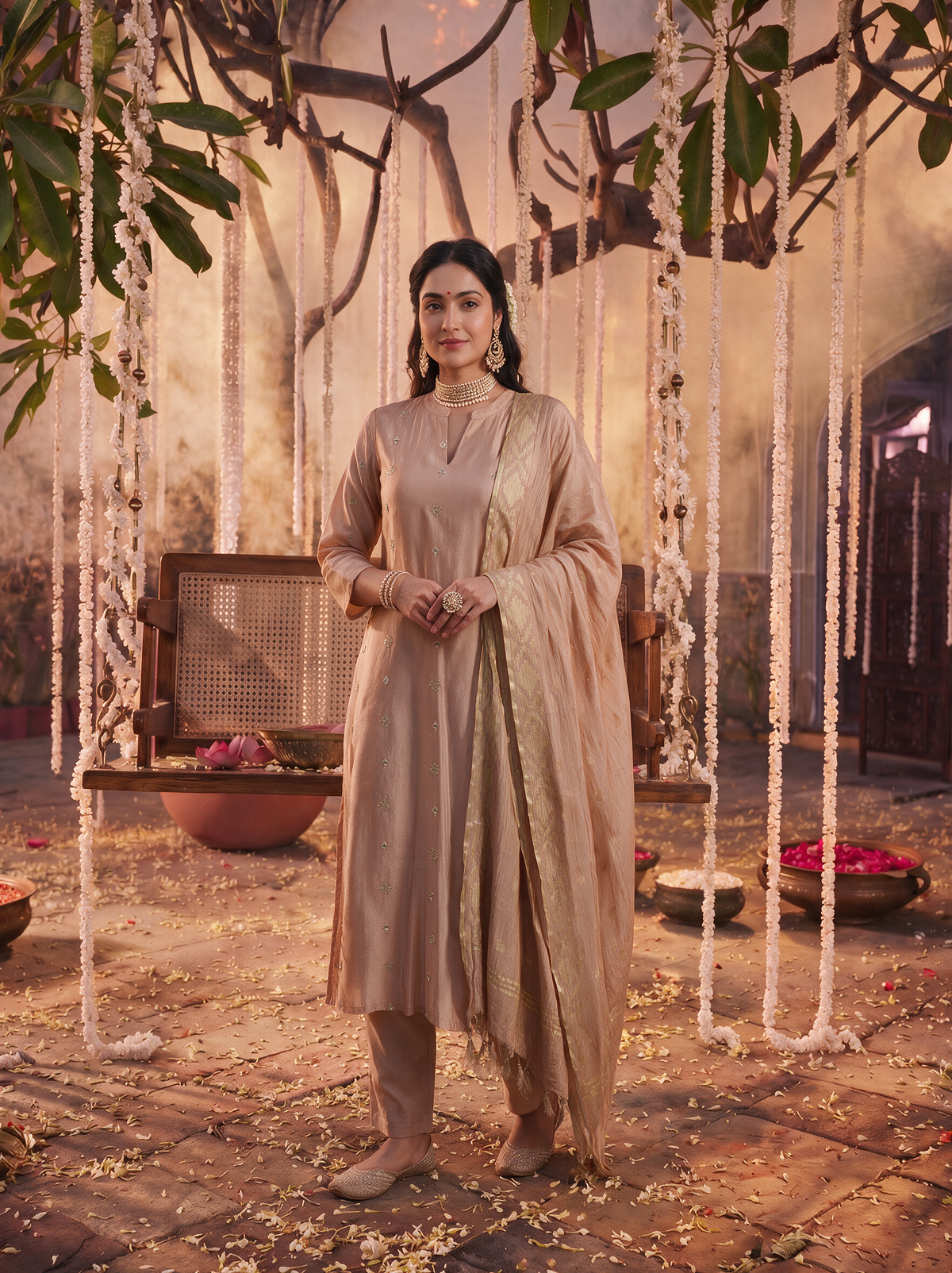 Peach Viscose Shimmer Embroidered Kurta Set with Dupatta