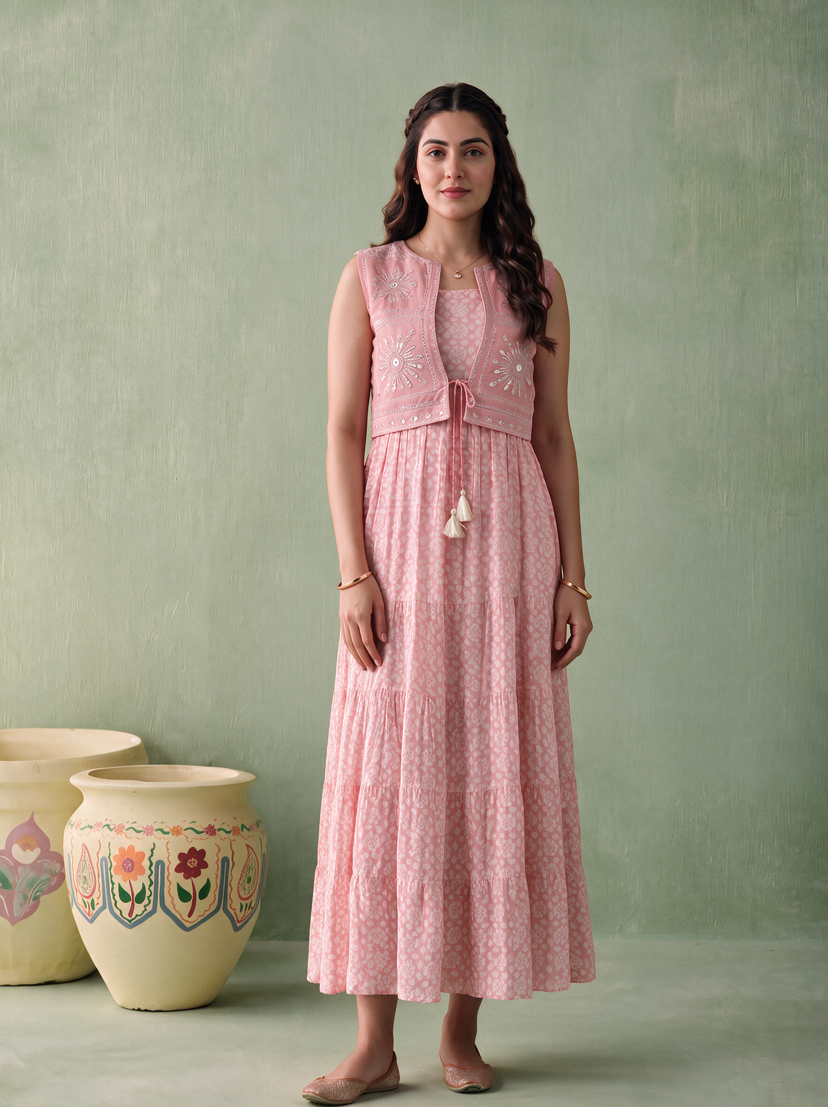 Pink Cotton Voile Tiered Maxi Dress with Embroidered Jacket