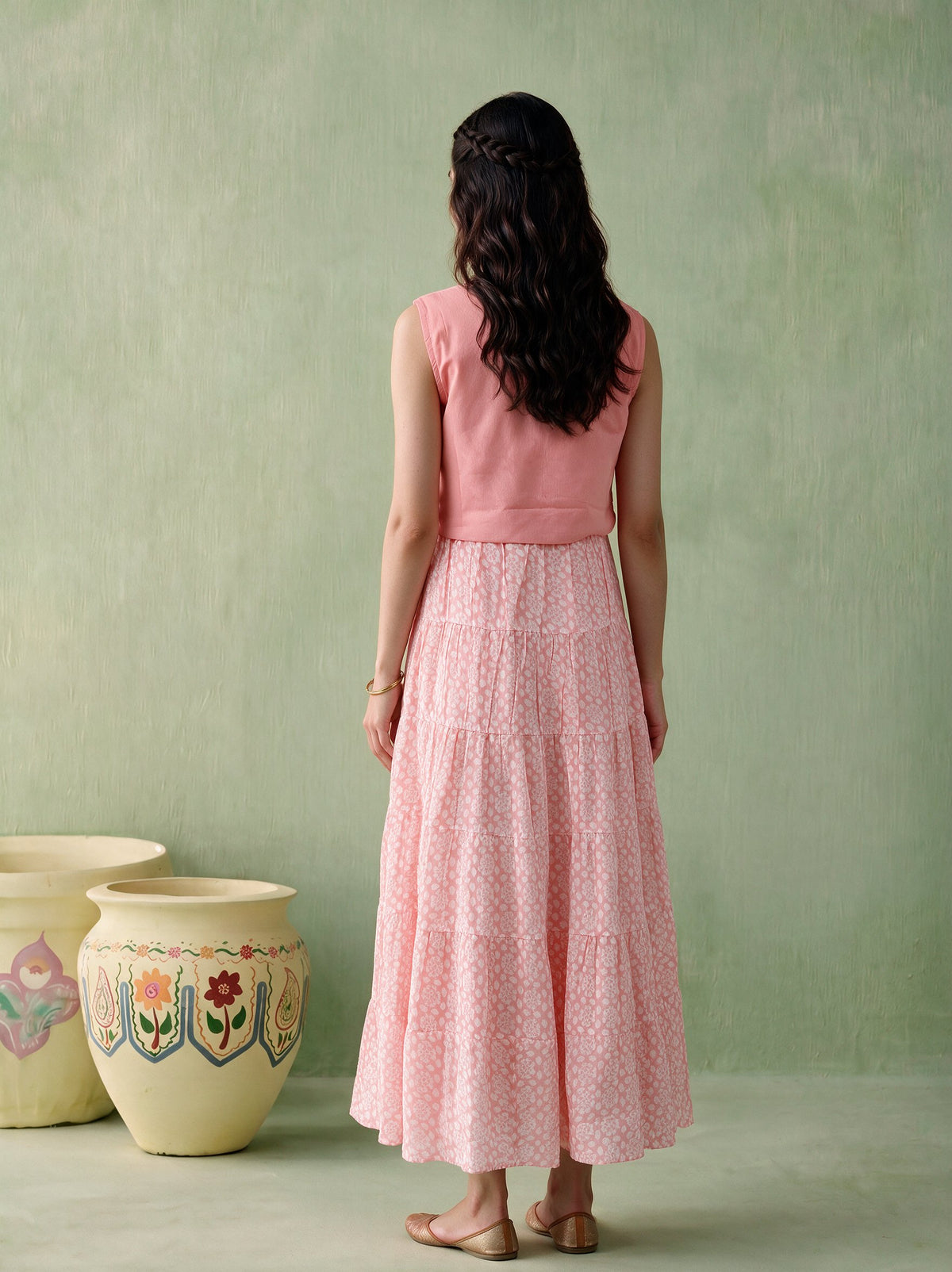 Pink Cotton Voile Tiered Maxi Dress with Embroidered Jacket
