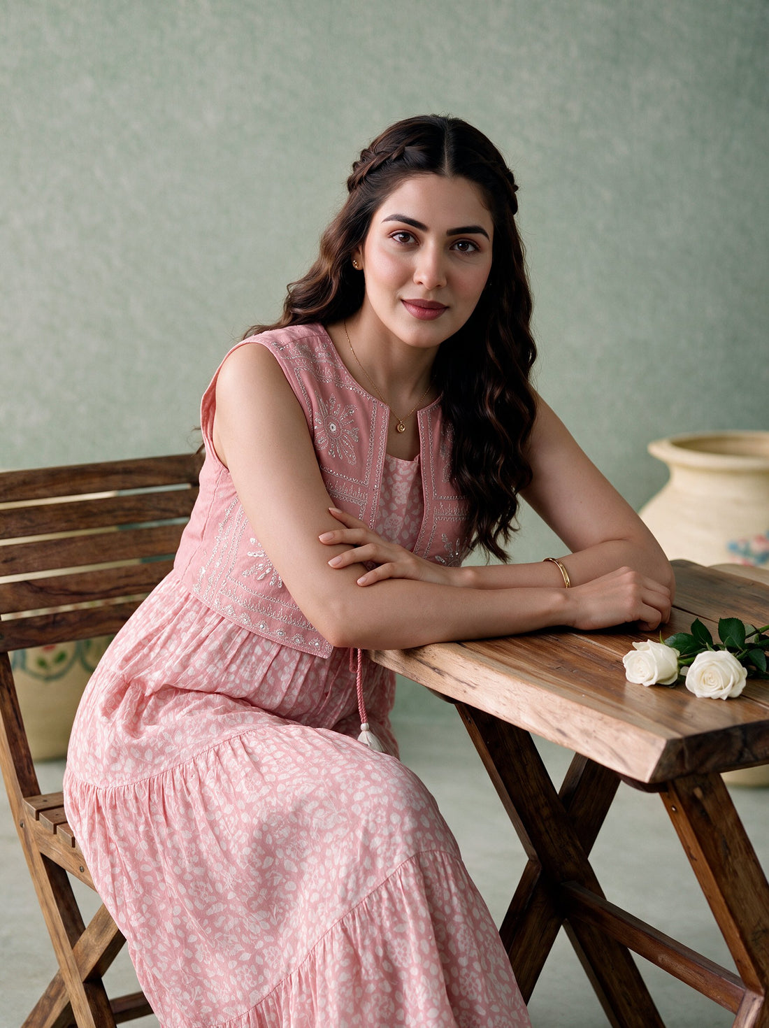 Pink Cotton Voile Tiered Maxi Dress with Embroidered Jacket