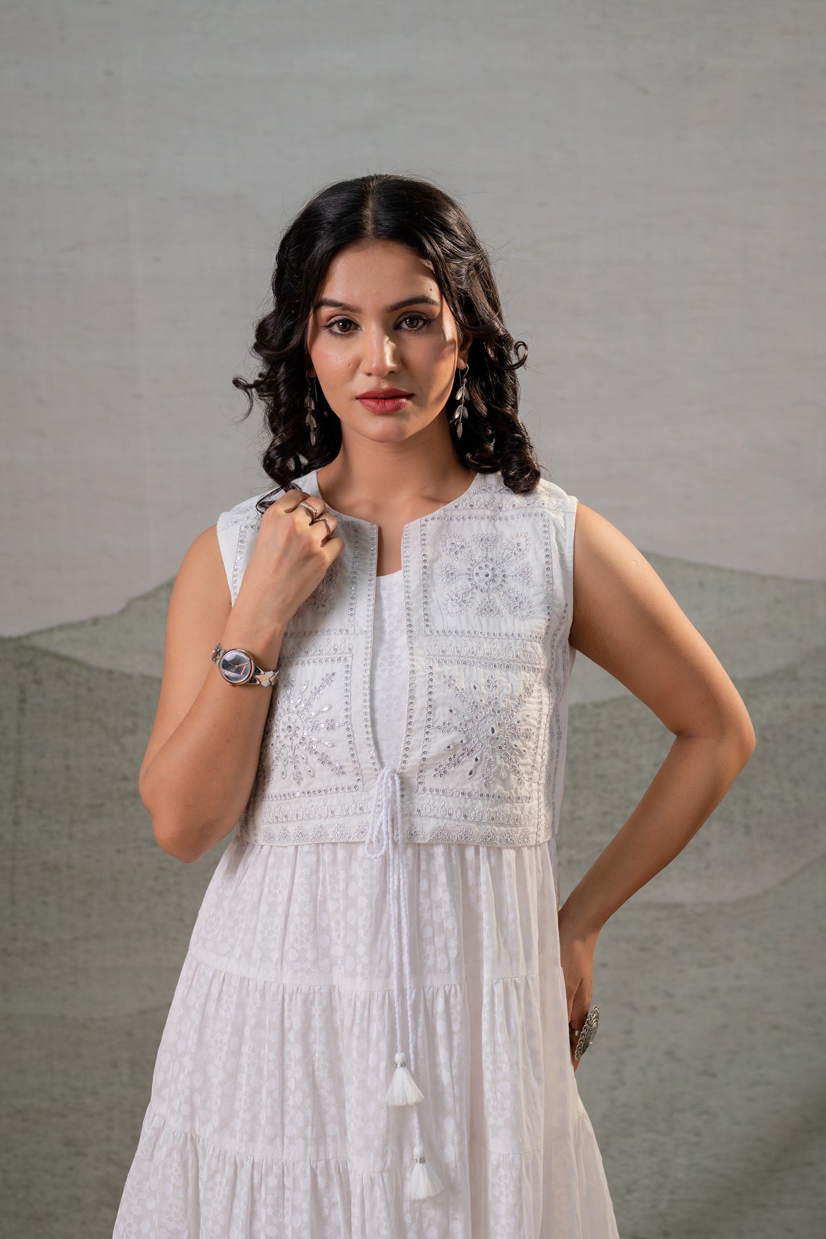 White Cotton Voile Tiered Maxi Dress with Embroidered Jacket